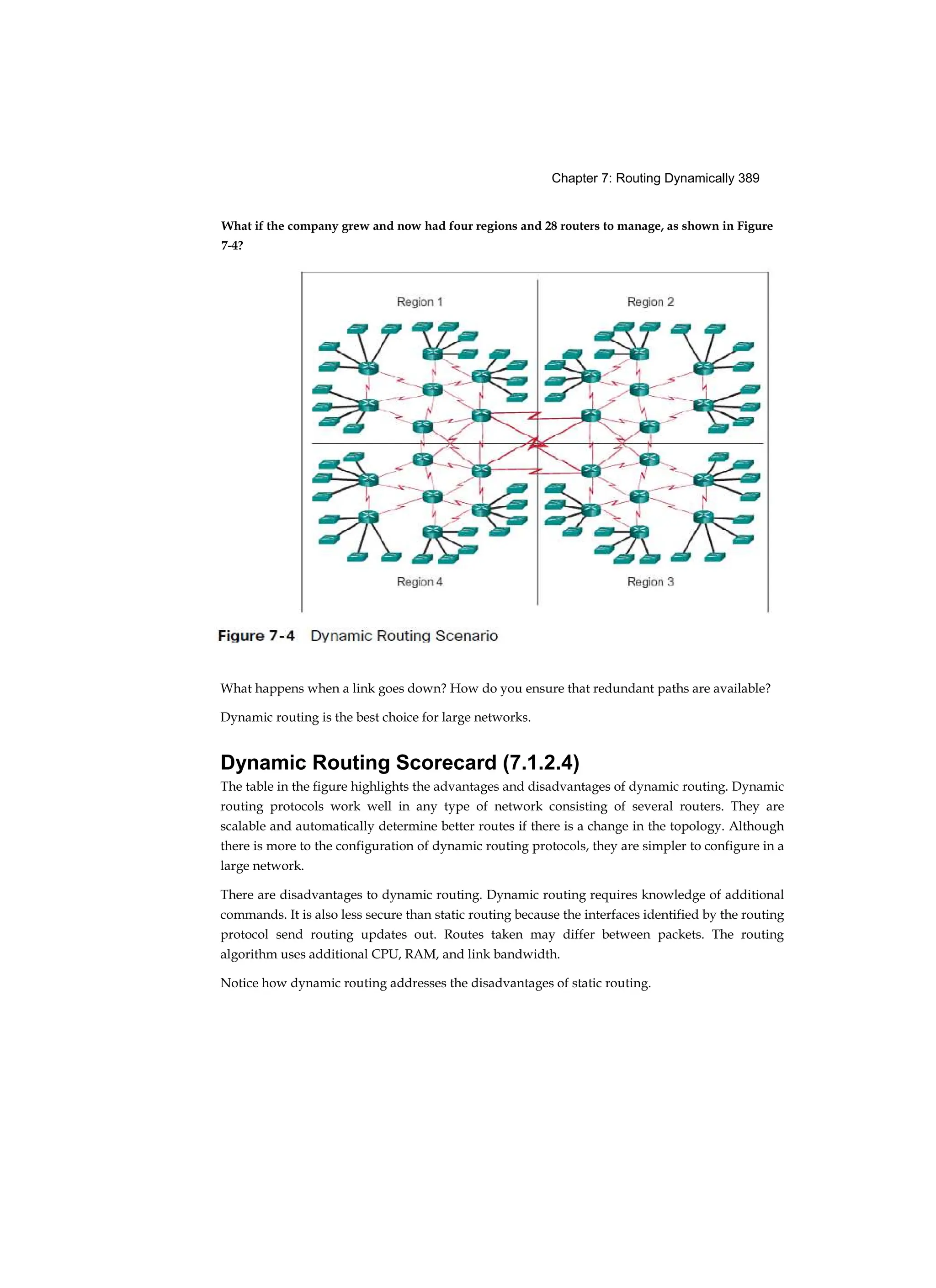 Chapter 7: Routing Dynamically 389
What if the company grew and now had four regions and 28 routers to manage, as shown in Figure
7-4?
What happens when a link goes down? How do you ensure that redundant paths are available?
Dynamic routing is the best choice for large networks.
Dynamic Routing Scorecard (7.1.2.4)
The table in the figure highlights the advantages and disadvantages of dynamic routing. Dynamic
routing protocols work well in any type of network consisting of several routers. They are
scalable and automatically determine better routes if there is a change in the topology. Although
there is more to the configuration of dynamic routing protocols, they are simpler to configure in a
large network.
There are disadvantages to dynamic routing. Dynamic routing requires knowledge of additional
commands. It is also less secure than static routing because the interfaces identified by the routing
protocol send routing updates out. Routes taken may differ between packets. The routing
algorithm uses additional CPU, RAM, and link bandwidth.
Notice how dynamic routing addresses the disadvantages of static routing.
 