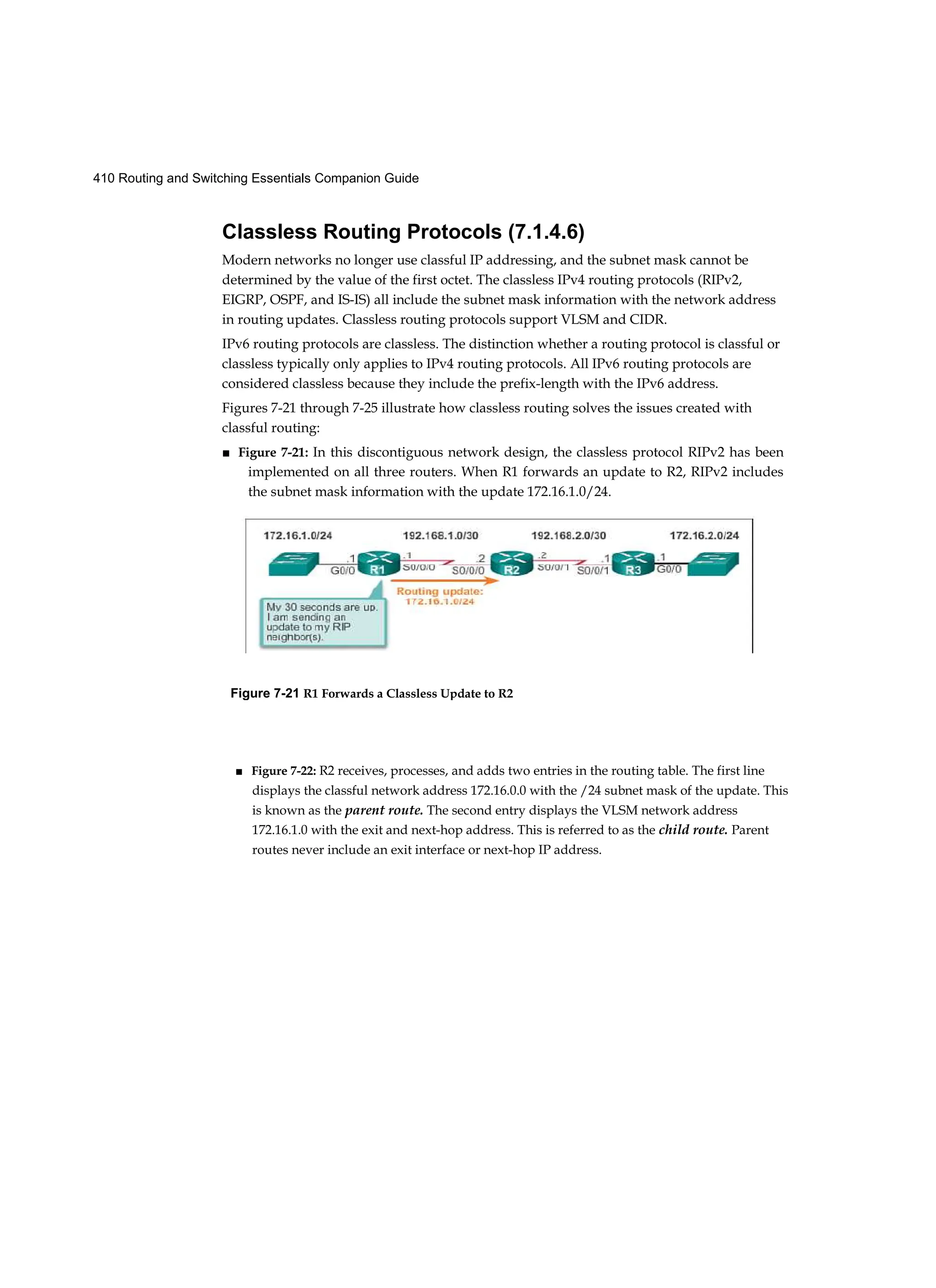 410 Routing and Switching Essentials Companion Guide
Figure 7-21 R1 Forwards a Classless Update to R2
■ Figure 7-22: R2 receives, processes, and adds two entries in the routing table. The first line
displays the classful network address 172.16.0.0 with the /24 subnet mask of the update. This
is known as the parent route. The second entry displays the VLSM network address
172.16.1.0 with the exit and next-hop address. This is referred to as the child route. Parent
routes never include an exit interface or next-hop IP address.
Classless Routing Protocols (7.1.4.6)
Modern networks no longer use classful IP addressing, and the subnet mask cannot be
determined by the value of the first octet. The classless IPv4 routing protocols (RIPv2,
EIGRP, OSPF, and IS-IS) all include the subnet mask information with the network address
in routing updates. Classless routing protocols support VLSM and CIDR.
IPv6 routing protocols are classless. The distinction whether a routing protocol is classful or
classless typically only applies to IPv4 routing protocols. All IPv6 routing protocols are
considered classless because they include the prefix-length with the IPv6 address.
Figures 7-21 through 7-25 illustrate how classless routing solves the issues created with
classful routing:
■ Figure 7-21: In this discontiguous network design, the classless protocol RIPv2 has been
implemented on all three routers. When R1 forwards an update to R2, RIPv2 includes
the subnet mask information with the update 172.16.1.0/24.
 