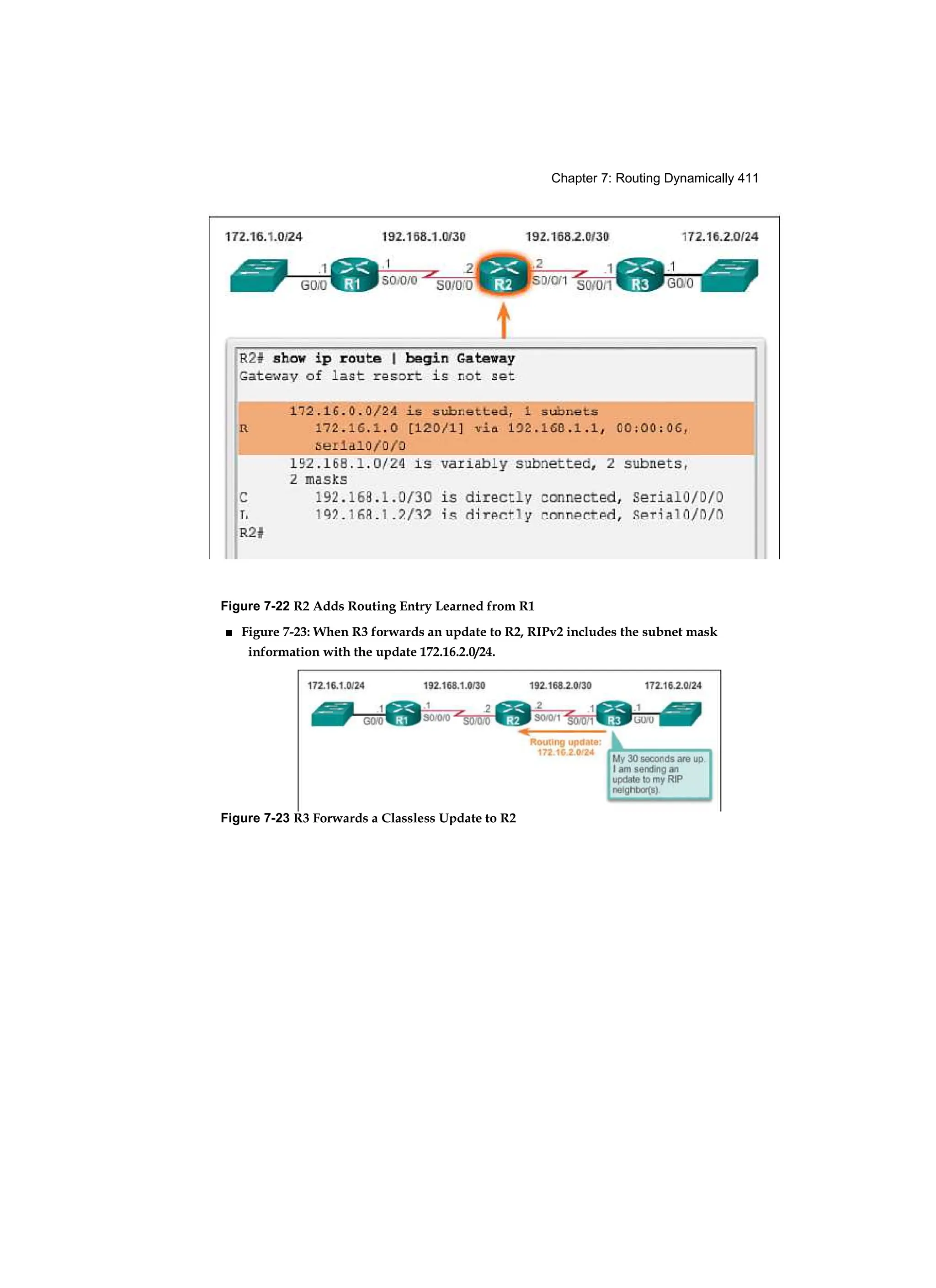 Chapter 7: Routing Dynamically 411
Figure 7-22 R2 Adds Routing Entry Learned from R1
■ Figure 7-23: When R3 forwards an update to R2, RIPv2 includes the subnet mask
information with the update 172.16.2.0/24.
Figure 7-23 R3 Forwards a Classless Update to R2
 