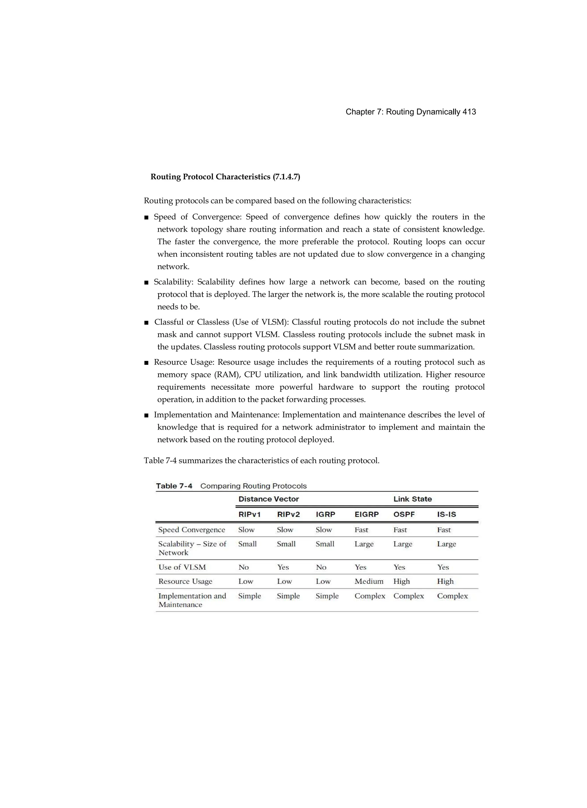 Chapter 7: Routing Dynamically 413
Routing Protocol Characteristics (7.1.4.7)
Routing protocols can be compared based on the following characteristics:
■ Speed of Convergence: Speed of convergence defines how quickly the routers in the
network topology share routing information and reach a state of consistent knowledge.
The faster the convergence, the more preferable the protocol. Routing loops can occur
when inconsistent routing tables are not updated due to slow convergence in a changing
network.
■ Scalability: Scalability defines how large a network can become, based on the routing
protocol that is deployed. The larger the network is, the more scalable the routing protocol
needs to be.
■ Classful or Classless (Use of VLSM): Classful routing protocols do not include the subnet
mask and cannot support VLSM. Classless routing protocols include the subnet mask in
the updates. Classless routing protocols support VLSM and better route summarization.
■ Resource Usage: Resource usage includes the requirements of a routing protocol such as
memory space (RAM), CPU utilization, and link bandwidth utilization. Higher resource
requirements necessitate more powerful hardware to support the routing protocol
operation, in addition to the packet forwarding processes.
■ Implementation and Maintenance: Implementation and maintenance describes the level of
knowledge that is required for a network administrator to implement and maintain the
network based on the routing protocol deployed.
Table 7-4 summarizes the characteristics of each routing protocol.
 