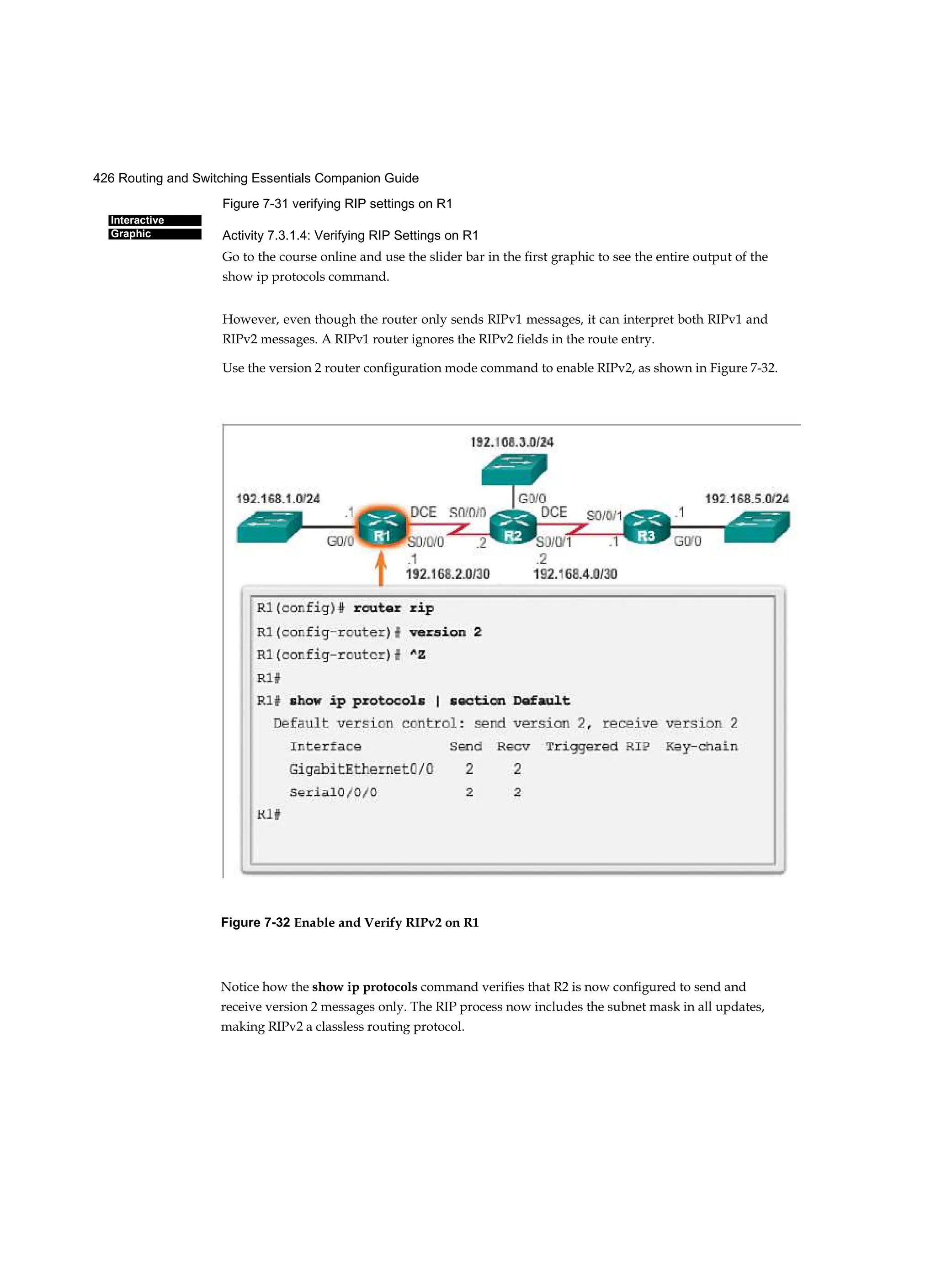 426 Routing and Switching Essentials Companion Guide
Interactive
Graphic
Figure 7-31 verifying RIP settings on R1
Activity 7.3.1.4: Verifying RIP Settings on R1
Go to the course online and use the slider bar in the first graphic to see the entire output of the
show ip protocols command.
However, even though the router only sends RIPv1 messages, it can interpret both RIPv1 and
RIPv2 messages. A RIPv1 router ignores the RIPv2 fields in the route entry.
Use the version 2 router configuration mode command to enable RIPv2, as shown in Figure 7-32.
Notice how the show ip protocols command verifies that R2 is now configured to send and
receive version 2 messages only. The RIP process now includes the subnet mask in all updates,
making RIPv2 a classless routing protocol.
Figure 7-32 Enable and Verify RIPv2 on R1
 