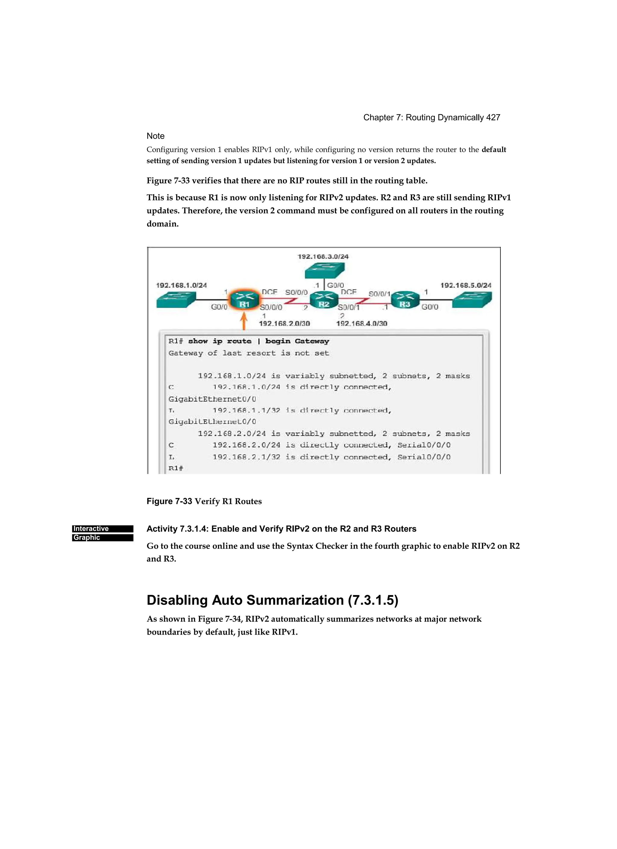 Chapter 7: Routing Dynamically 427
Interactive
Graphic
Note
Configuring version 1 enables RIPv1 only, while configuring no version returns the router to the default
setting of sending version 1 updates but listening for version 1 or version 2 updates.
Figure 7-33 verifies that there are no RIP routes still in the routing table.
This is because R1 is now only listening for RIPv2 updates. R2 and R3 are still sending RIPv1
updates. Therefore, the version 2 command must be configured on all routers in the routing
domain.
Figure 7-33 Verify R1 Routes
Activity 7.3.1.4: Enable and Verify RIPv2 on the R2 and R3 Routers
Go to the course online and use the Syntax Checker in the fourth graphic to enable RIPv2 on R2
and R3.
Disabling Auto Summarization (7.3.1.5)
As shown in Figure 7-34, RIPv2 automatically summarizes networks at major network
boundaries by default, just like RIPv1.
 