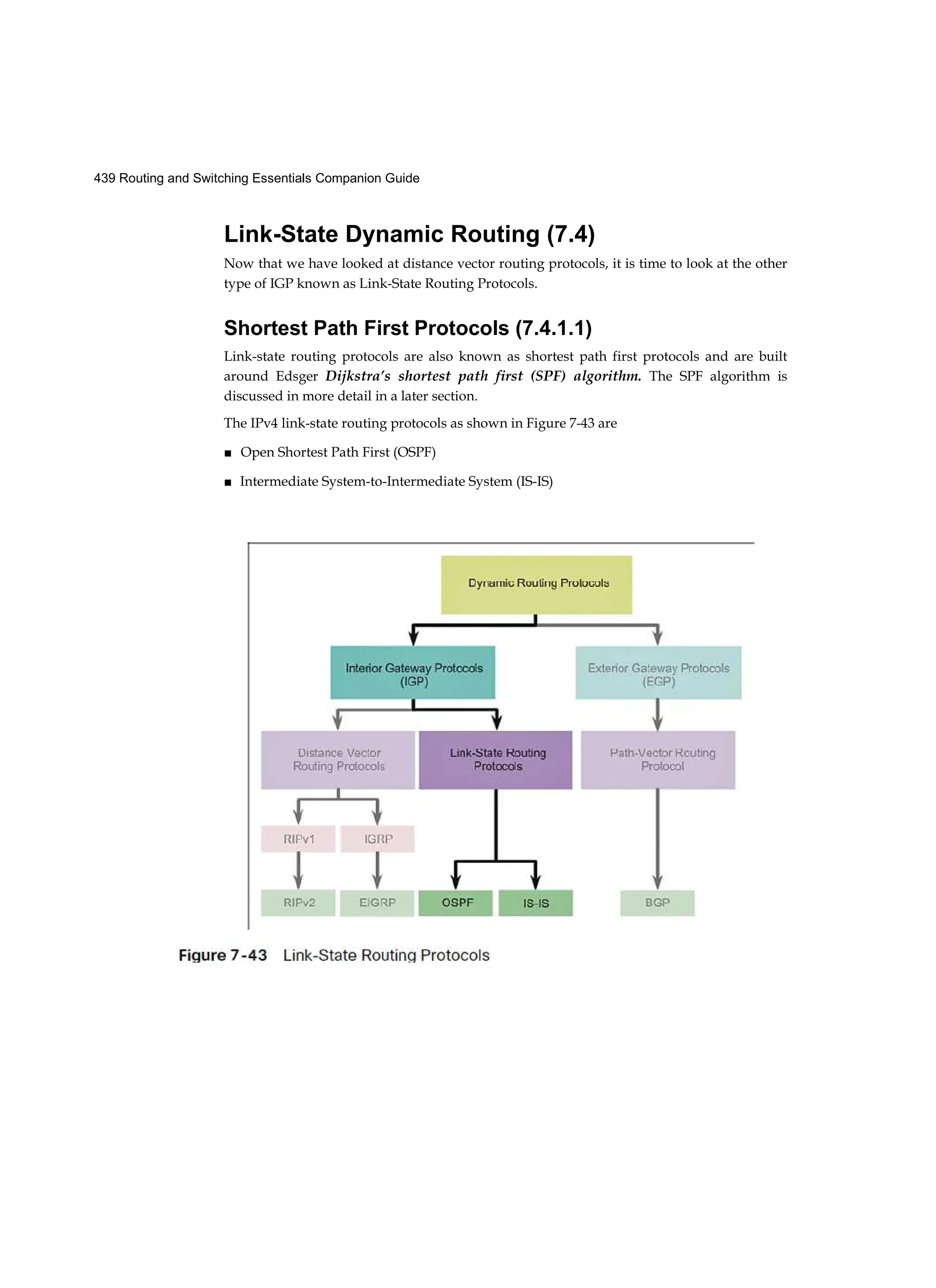 439 Routing and Switching Essentials Companion Guide
Link-State Dynamic Routing (7.4)
Now that we have looked at distance vector routing protocols, it is time to look at the other
type of IGP known as Link-State Routing Protocols.
Shortest Path First Protocols (7.4.1.1)
Link-state routing protocols are also known as shortest path first protocols and are built
around Edsger Dijkstra’s shortest path first (SPF) algorithm. The SPF algorithm is
discussed in more detail in a later section.
The IPv4 link-state routing protocols as shown in Figure 7-43 are
■ Open Shortest Path First (OSPF)
■ Intermediate System-to-Intermediate System (IS-IS)
 