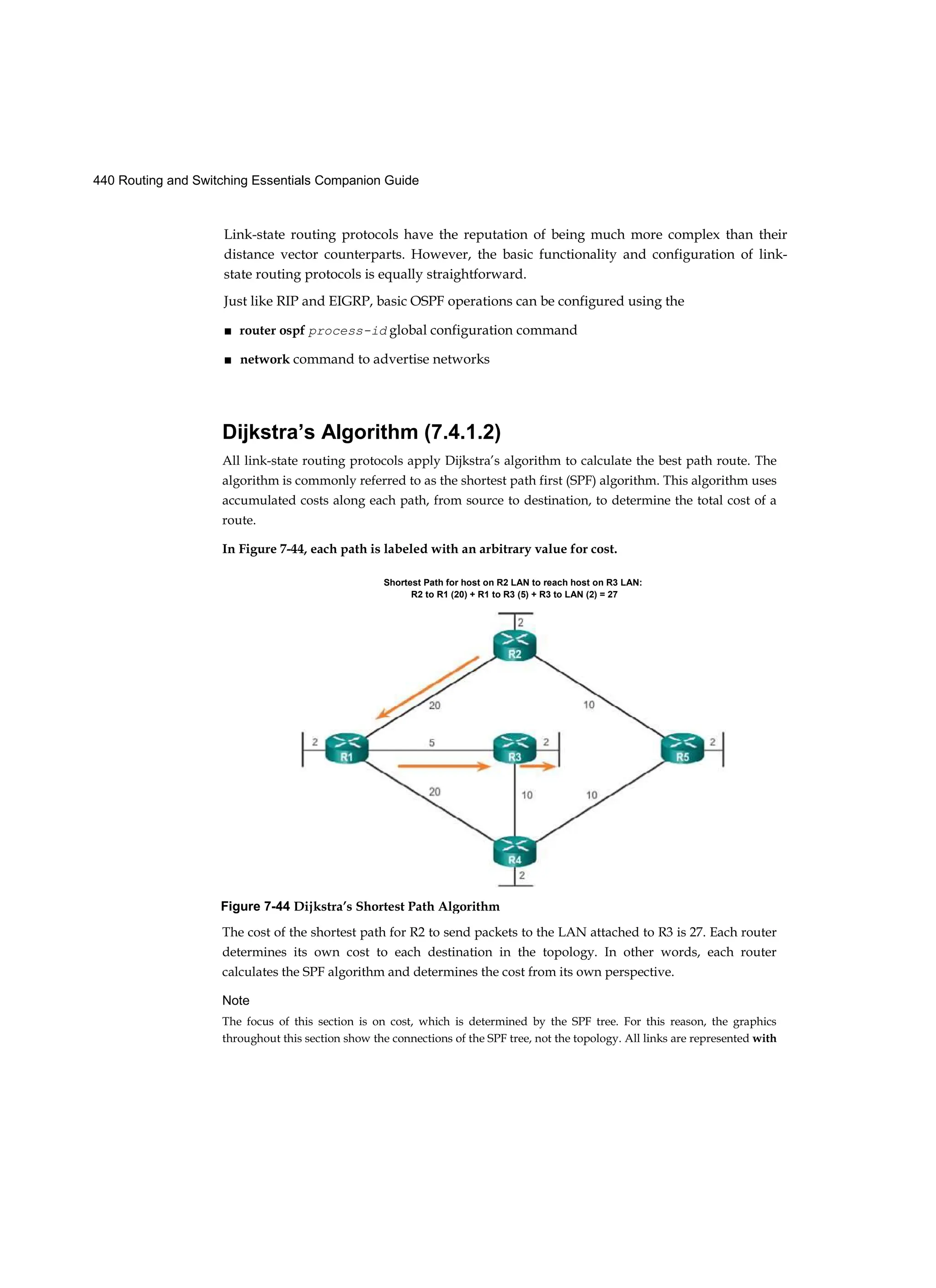 440 Routing and Switching Essentials Companion Guide
Link-state routing protocols have the reputation of being much more complex than their
distance vector counterparts. However, the basic functionality and configuration of link-
state routing protocols is equally straightforward.
Just like RIP and EIGRP, basic OSPF operations can be configured using the
■ router ospf process-id global configuration command
■ network command to advertise networks
Dijkstra’s Algorithm (7.4.1.2)
All link-state routing protocols apply Dijkstra’s algorithm to calculate the best path route. The
algorithm is commonly referred to as the shortest path first (SPF) algorithm. This algorithm uses
accumulated costs along each path, from source to destination, to determine the total cost of a
route.
In Figure 7-44, each path is labeled with an arbitrary value for cost.
The cost of the shortest path for R2 to send packets to the LAN attached to R3 is 27. Each router
determines its own cost to each destination in the topology. In other words, each router
calculates the SPF algorithm and determines the cost from its own perspective.
Note
The focus of this section is on cost, which is determined by the SPF tree. For this reason, the graphics
throughout this section show the connections of the SPF tree, not the topology. All links are represented with
Shortest Path for host on R2 LAN to reach host on R3 LAN:
R2 to R1 (20) + R1 to R3 (5) + R3 to LAN (2) = 27
Figure 7-44 Dijkstra’s Shortest Path Algorithm
 