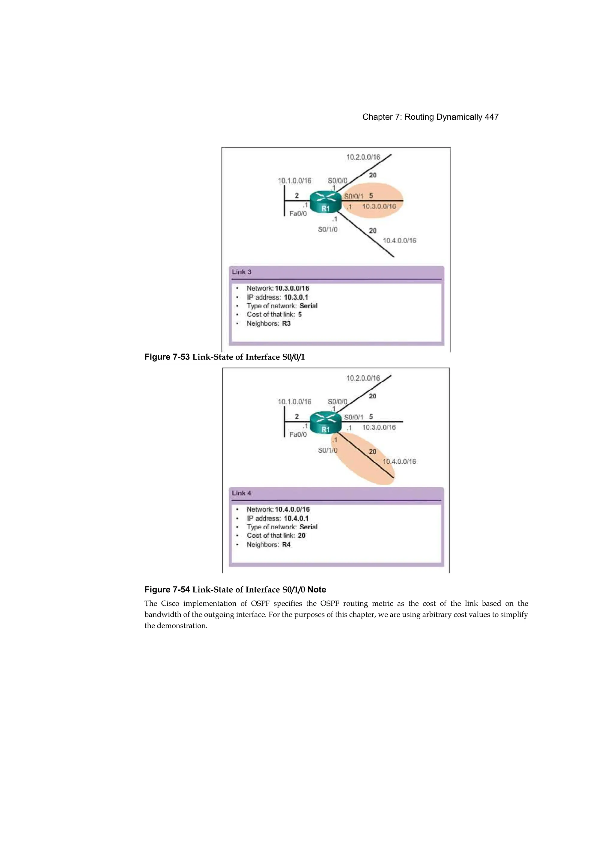 Chapter 7: Routing Dynamically 447
Figure 7-53 Link-State of Interface S0/0/1
Figure 7-54 Link-State of Interface S0/1/0 Note
The Cisco implementation of OSPF specifies the OSPF routing metric as the cost of the link based on the
bandwidth of the outgoing interface. For the purposes of this chapter, we are using arbitrary cost values to simplify
the demonstration.
 