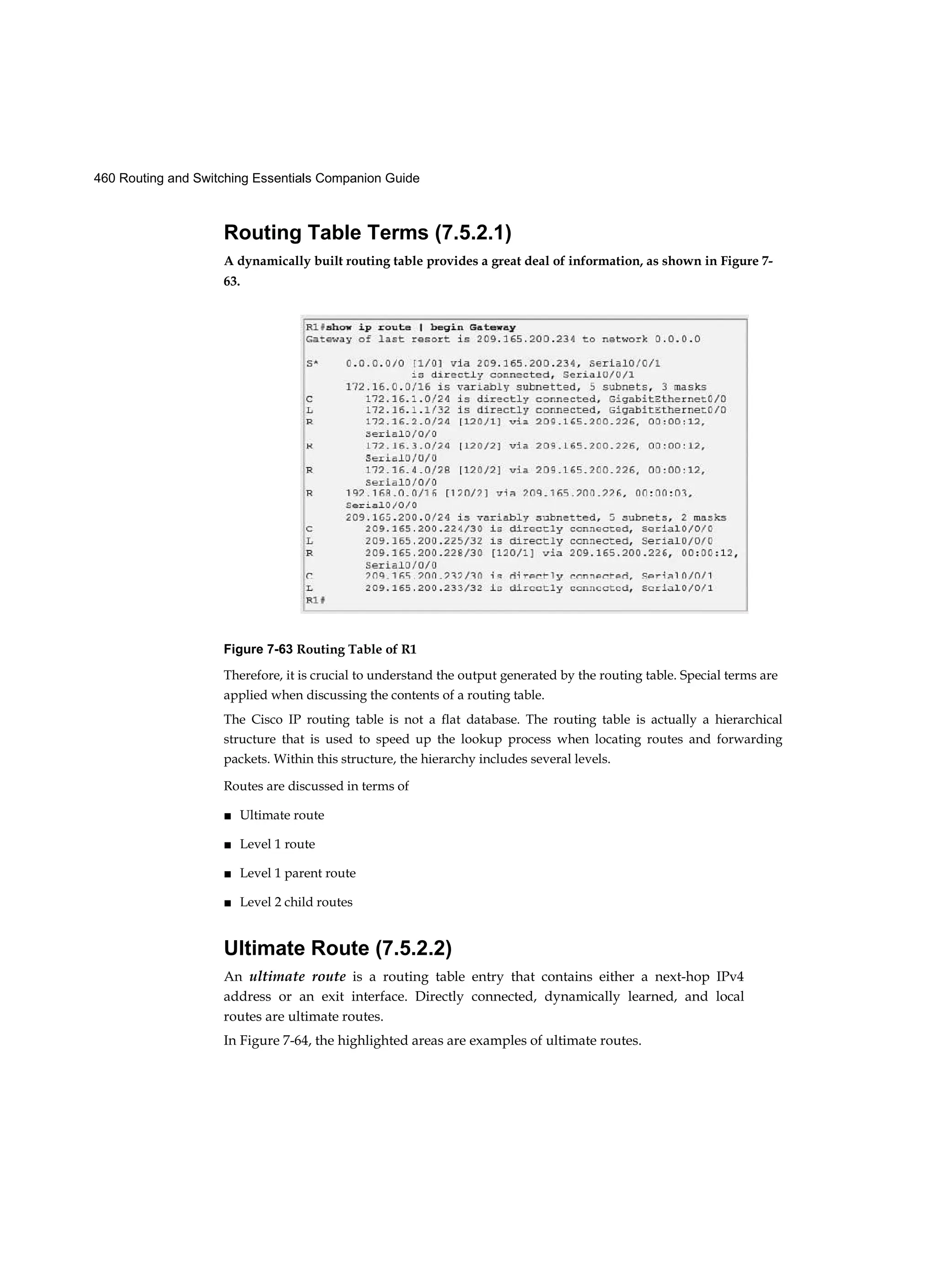 460 Routing and Switching Essentials Companion Guide
Routing Table Terms (7.5.2.1)
A dynamically built routing table provides a great deal of information, as shown in Figure 7-
63.
Figure 7-63 Routing Table of R1
Therefore, it is crucial to understand the output generated by the routing table. Special terms are
applied when discussing the contents of a routing table.
The Cisco IP routing table is not a flat database. The routing table is actually a hierarchical
structure that is used to speed up the lookup process when locating routes and forwarding
packets. Within this structure, the hierarchy includes several levels.
Routes are discussed in terms of
■ Ultimate route
■ Level 1 route
■ Level 1 parent route
■ Level 2 child routes
Ultimate Route (7.5.2.2)
An ultimate route is a routing table entry that contains either a next-hop IPv4
address or an exit interface. Directly connected, dynamically learned, and local
routes are ultimate routes.
In Figure 7-64, the highlighted areas are examples of ultimate routes.
 