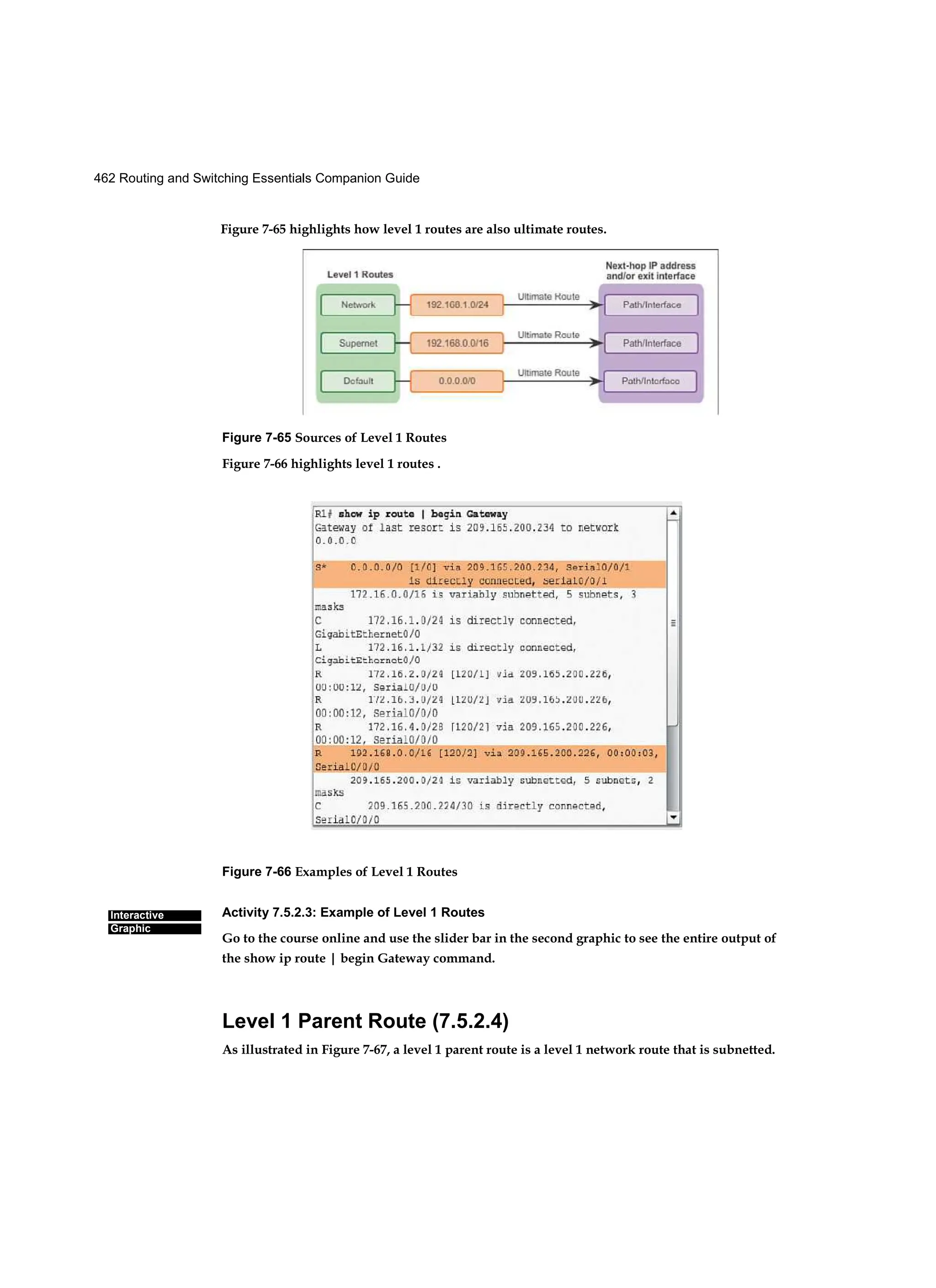 462 Routing and Switching Essentials Companion Guide
Interactive
Graphic
Figure 7-65 Sources of Level 1 Routes
Figure 7-66 highlights level 1 routes .
Figure 7-66 Examples of Level 1 Routes
Activity 7.5.2.3: Example of Level 1 Routes
Go to the course online and use the slider bar in the second graphic to see the entire output of
the show ip route | begin Gateway command.
Level 1 Parent Route (7.5.2.4)
As illustrated in Figure 7-67, a level 1 parent route is a level 1 network route that is subnetted.
Figure 7-65 highlights how level 1 routes are also ultimate routes.
 