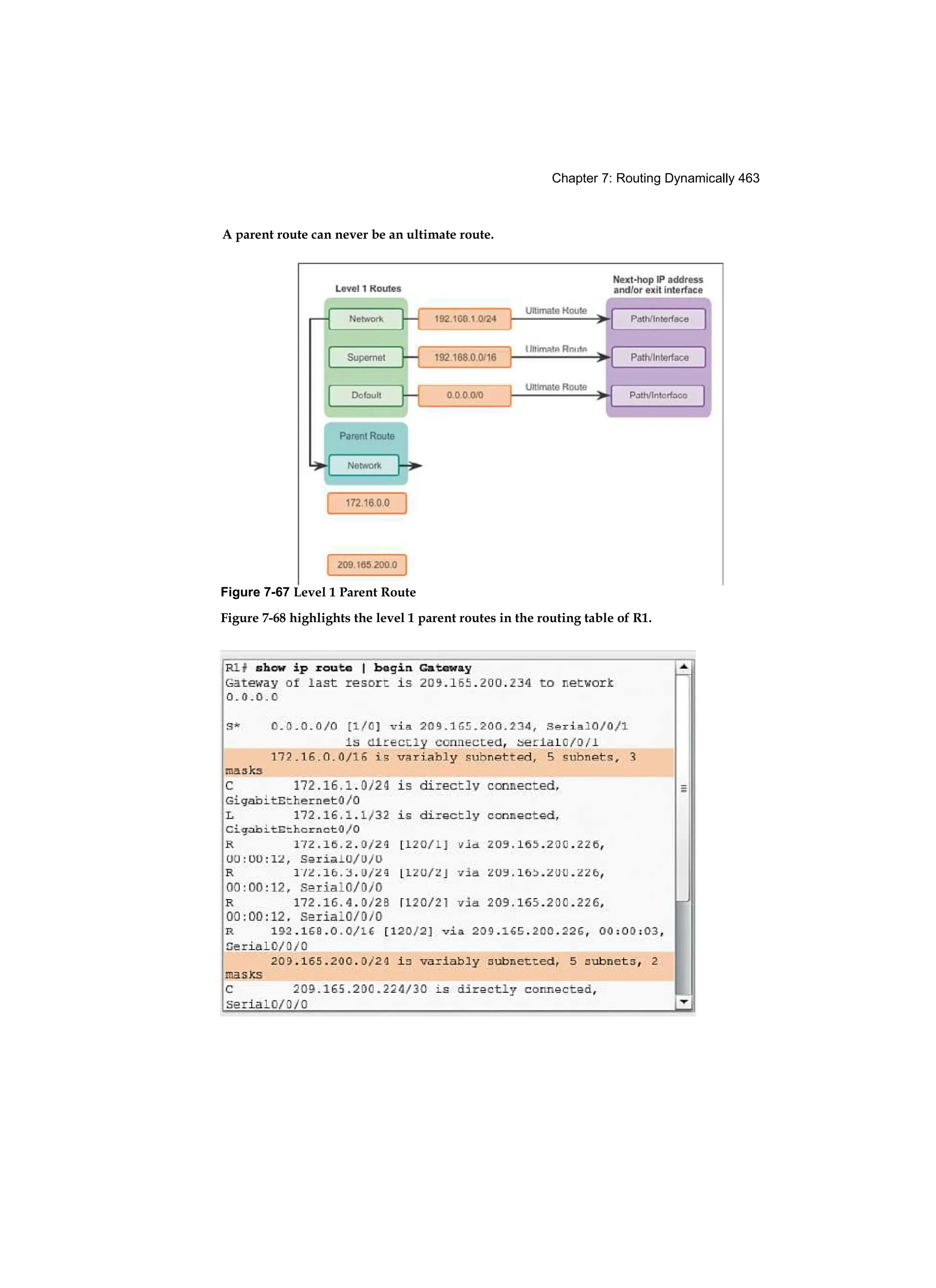 Chapter 7: Routing Dynamically 463
A parent route can never be an ultimate route.
Figure 7-68 highlights the level 1 parent routes in the routing table of R1.
Figure 7-67 Level 1 Parent Route
 