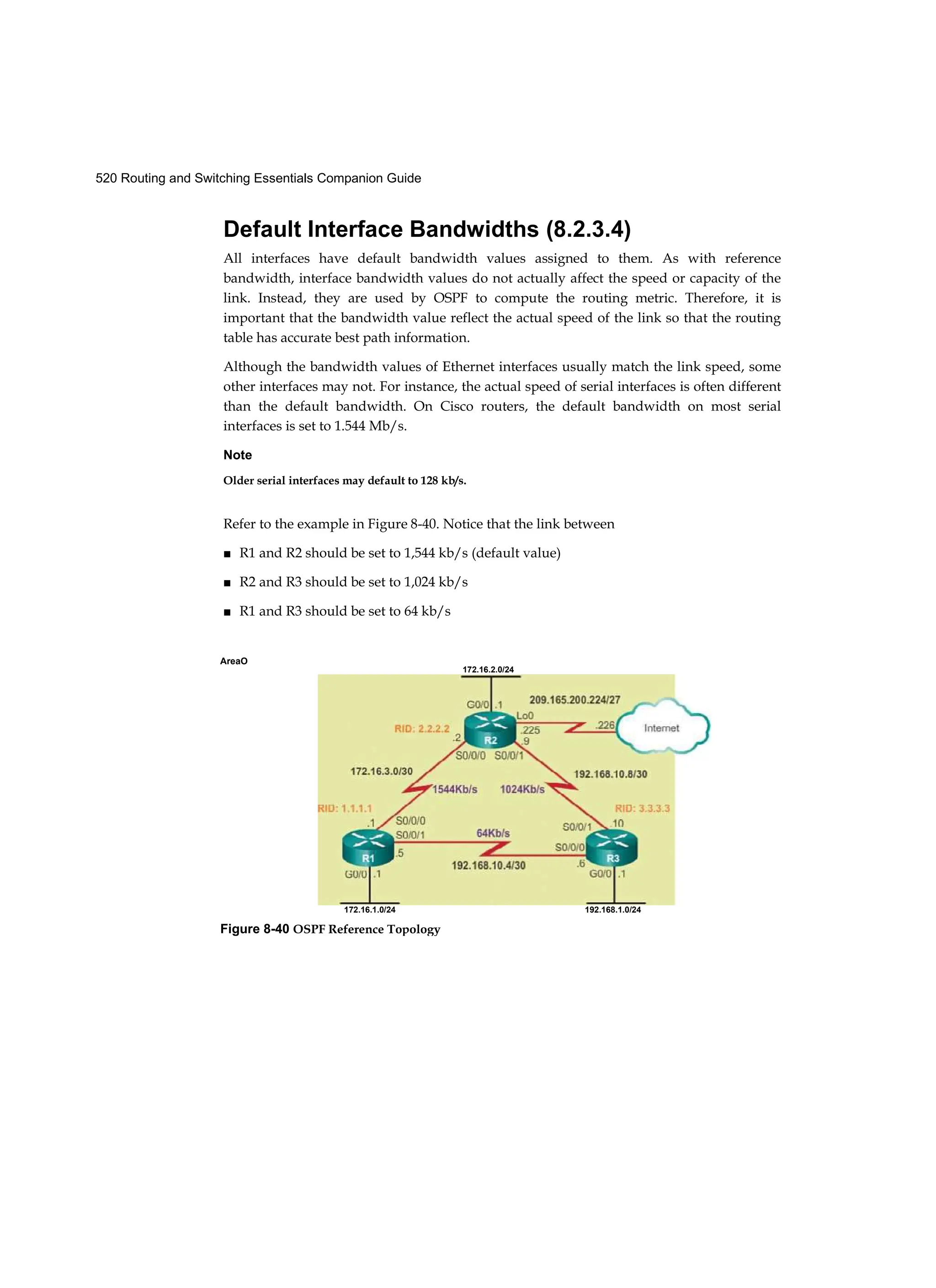 520 Routing and Switching Essentials Companion Guide
Default Interface Bandwidths (8.2.3.4)
All interfaces have default bandwidth values assigned to them. As with reference
bandwidth, interface bandwidth values do not actually affect the speed or capacity of the
link. Instead, they are used by OSPF to compute the routing metric. Therefore, it is
important that the bandwidth value reflect the actual speed of the link so that the routing
table has accurate best path information.
Although the bandwidth values of Ethernet interfaces usually match the link speed, some
other interfaces may not. For instance, the actual speed of serial interfaces is often different
than the default bandwidth. On Cisco routers, the default bandwidth on most serial
interfaces is set to 1.544 Mb/s.
Note
Older serial interfaces may default to 128 kb/s.
Refer to the example in Figure 8-40. Notice that the link between
■ R1 and R2 should be set to 1,544 kb/s (default value)
■ R2 and R3 should be set to 1,024 kb/s
■ R1 and R3 should be set to 64 kb/s
AreaO
172.16.2.0/24
172.16.1.0/24 192.168.1.0/24
Figure 8-40 OSPF Reference Topology
 