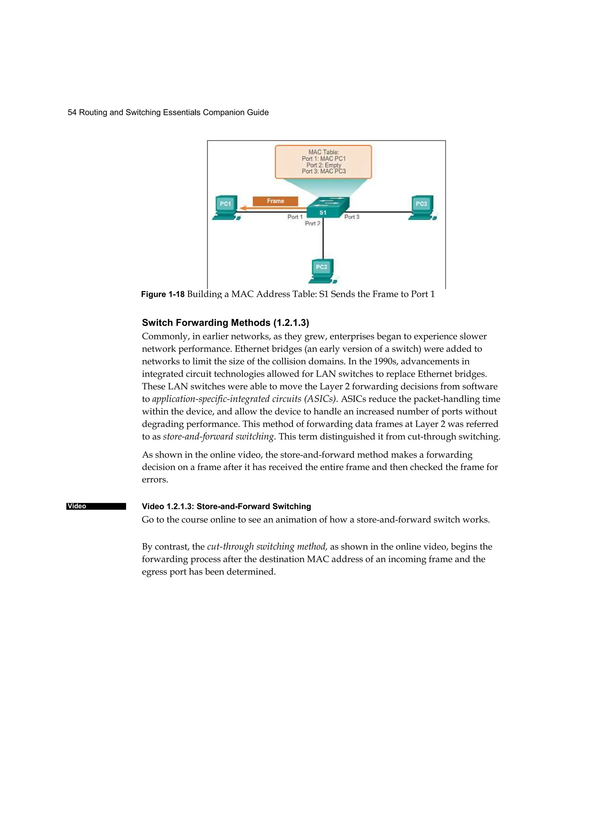 54 Routing and Switching Essentials Companion Guide
Video
Switch Forwarding Methods (1.2.1.3)
Commonly, in earlier networks, as they grew, enterprises began to experience slower
network performance. Ethernet bridges (an early version of a switch) were added to
networks to limit the size of the collision domains. In the 1990s, advancements in
integrated circuit technologies allowed for LAN switches to replace Ethernet bridges.
These LAN switches were able to move the Layer 2 forwarding decisions from software
to application-specific-integrated circuits (ASICs). ASICs reduce the packet-handling time
within the device, and allow the device to handle an increased number of ports without
degrading performance. This method of forwarding data frames at Layer 2 was referred
to as store-and-forward switching. This term distinguished it from cut-through switching.
As shown in the online video, the store-and-forward method makes a forwarding
decision on a frame after it has received the entire frame and then checked the frame for
errors.
Video 1.2.1.3: Store-and-Forward Switching
Go to the course online to see an animation of how a store-and-forward switch works.
By contrast, the cut-through switching method, as shown in the online video, begins the
forwarding process after the destination MAC address of an incoming frame and the
egress port has been determined.
Figure 1-18 Building a MAC Address Table: S1 Sends the Frame to Port 1
 