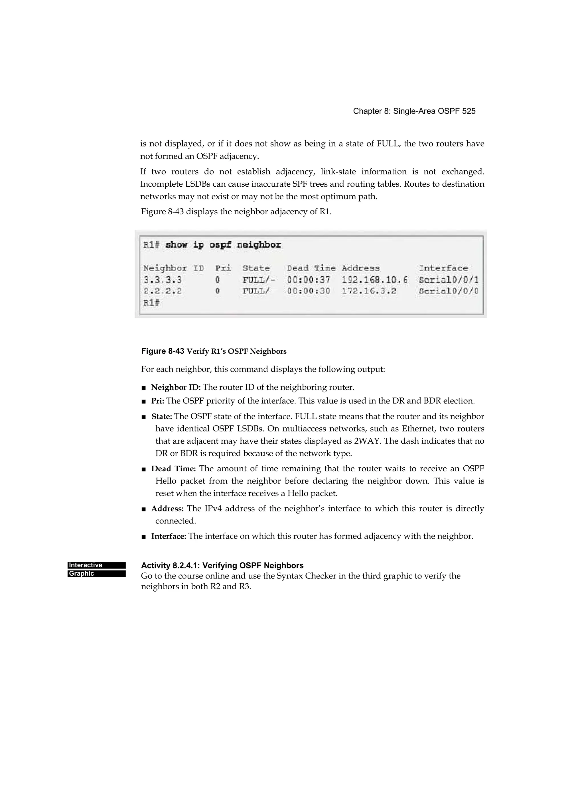 Chapter 8: Single-Area OSPF 525
Interactive
Graphic
is not displayed, or if it does not show as being in a state of FULL, the two routers have
not formed an OSPF adjacency.
If two routers do not establish adjacency, link-state information is not exchanged.
Incomplete LSDBs can cause inaccurate SPF trees and routing tables. Routes to destination
networks may not exist or may not be the most optimum path.
Figure 8-43 displays the neighbor adjacency of R1.
Figure 8-43 Verify R1’s OSPF Neighbors
For each neighbor, this command displays the following output:
■ Neighbor ID: The router ID of the neighboring router.
■ Pri: The OSPF priority of the interface. This value is used in the DR and BDR election.
■ State: The OSPF state of the interface. FULL state means that the router and its neighbor
have identical OSPF LSDBs. On multiaccess networks, such as Ethernet, two routers
that are adjacent may have their states displayed as 2WAY. The dash indicates that no
DR or BDR is required because of the network type.
■ Dead Time: The amount of time remaining that the router waits to receive an OSPF
Hello packet from the neighbor before declaring the neighbor down. This value is
reset when the interface receives a Hello packet.
■ Address: The IPv4 address of the neighbor’s interface to which this router is directly
connected.
■ Interface: The interface on which this router has formed adjacency with the neighbor.
Activity 8.2.4.1: Verifying OSPF Neighbors
Go to the course online and use the Syntax Checker in the third graphic to verify the
neighbors in both R2 and R3.
 