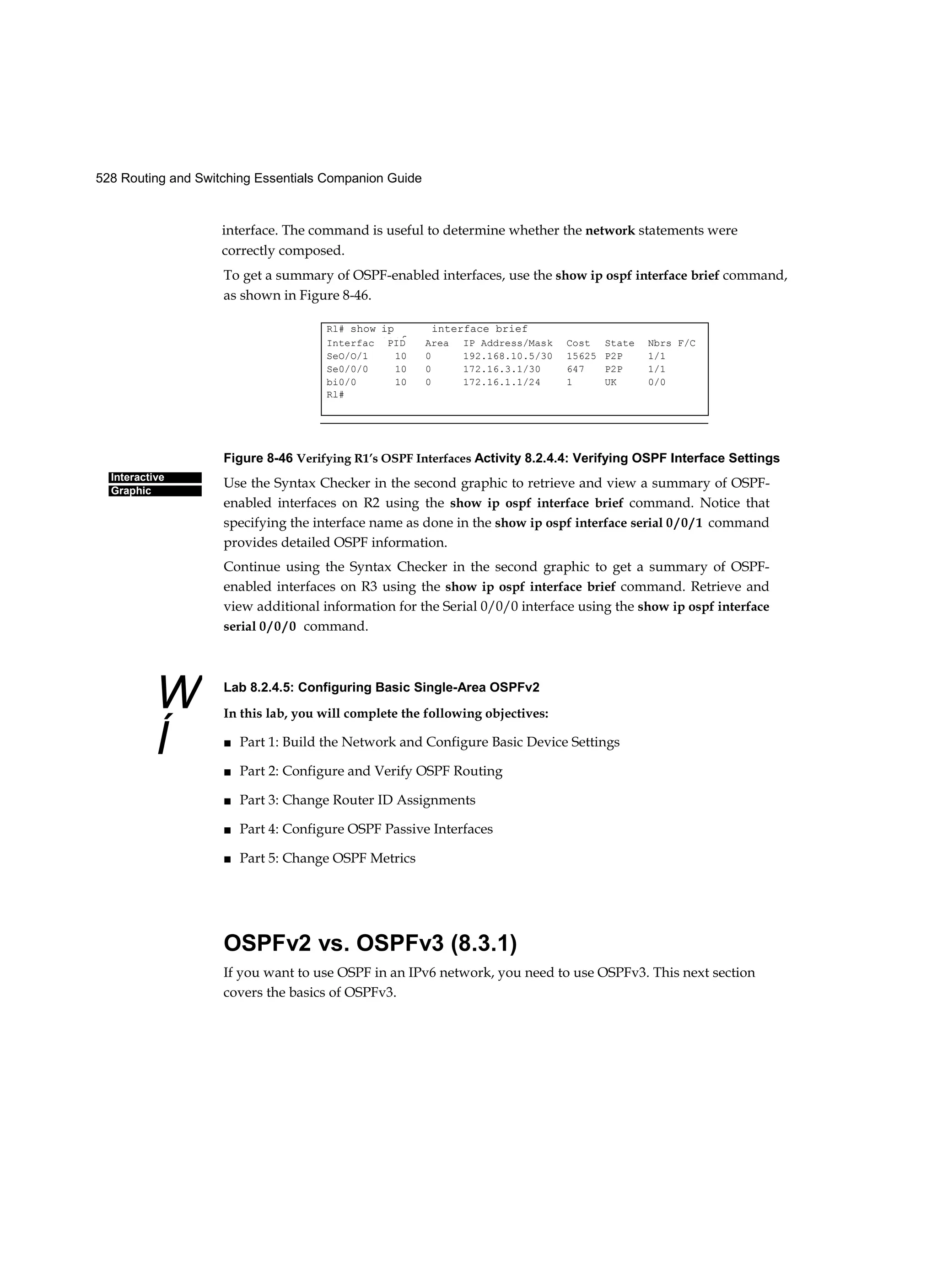 528 Routing and Switching Essentials Companion Guide
Interactive
Graphic
W
Í
interface. The command is useful to determine whether the network statements were
correctly composed.
To get a summary of OSPF-enabled interfaces, use the show ip ospf interface brief command,
as shown in Figure 8-46.
Figure 8-46 Verifying R1’s OSPF Interfaces Activity 8.2.4.4: Verifying OSPF Interface Settings
Use the Syntax Checker in the second graphic to retrieve and view a summary of OSPF-
enabled interfaces on R2 using the show ip ospf interface brief command. Notice that
specifying the interface name as done in the show ip ospf interface serial 0 / 0 / 1 command
provides detailed OSPF information.
Continue using the Syntax Checker in the second graphic to get a summary of OSPF-
enabled interfaces on R3 using the show ip ospf interface brief command. Retrieve and
view additional information for the Serial 0/0/0 interface using the show ip ospf interface
serial 0 / 0 / 0 command.
Lab 8.2.4.5: Configuring Basic Single-Area OSPFv2
In this lab, you will complete the following objectives:
■ Part 1: Build the Network and Configure Basic Device Settings
■ Part 2: Configure and Verify OSPF Routing
■ Part 3: Change Router ID Assignments
■ Part 4: Configure OSPF Passive Interfaces
■ Part 5: Change OSPF Metrics
OSPFv2 vs. OSPFv3 (8.3.1)
If you want to use OSPF in an IPv6 network, you need to use OSPFv3. This next section
covers the basics of OSPFv3.
Rl# show ip
ospf
interface brief
Interfac
e
PID Area IP Address/Mask Cost State Nbrs F/C
SeO/O/1 10 0 192.168.10.5/30 15625 P2P 1/1
Se0/0/0 10 0 172.16.3.1/30 647 P2P 1/1
bi0/0 10 0 172.16.1.1/24 1 UK 0/0
Rl#
 
