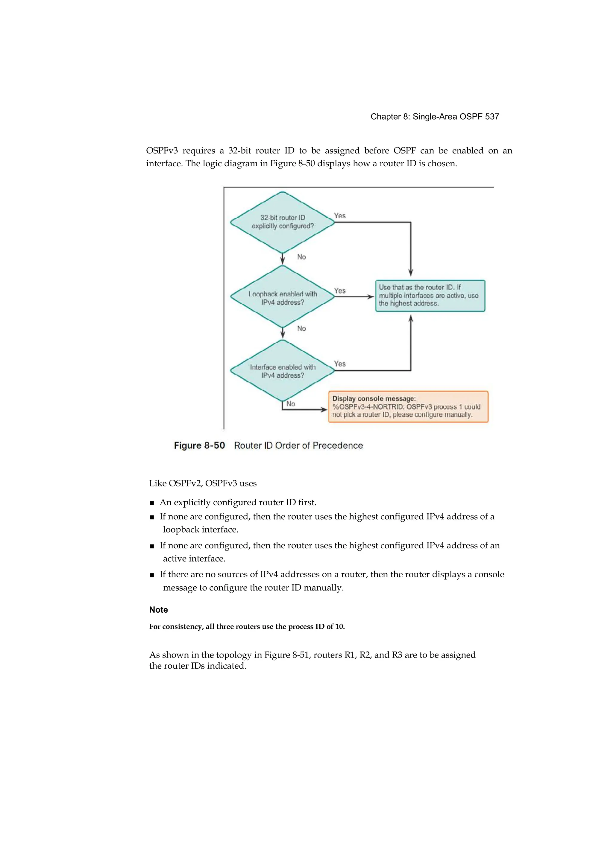 Chapter 8: Single-Area OSPF 537
OSPFv3 requires a 32-bit router ID to be assigned before OSPF can be enabled on an
interface. The logic diagram in Figure 8-50 displays how a router ID is chosen.
Like OSPFv2, OSPFv3 uses
■ An explicitly configured router ID first.
■ If none are configured, then the router uses the highest configured IPv4 address of a
loopback interface.
■ If none are configured, then the router uses the highest configured IPv4 address of an
active interface.
■ If there are no sources of IPv4 addresses on a router, then the router displays a console
message to configure the router ID manually.
Note
For consistency, all three routers use the process ID of 10.
As shown in the topology in Figure 8-51, routers R1, R2, and R3 are to be assigned
the router IDs indicated.
 