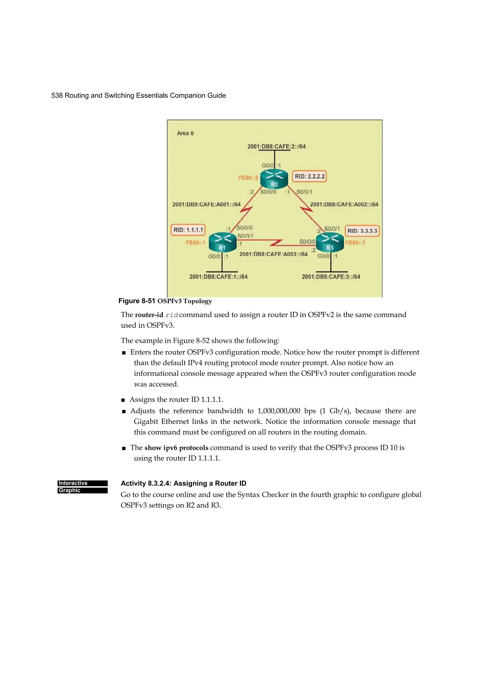 538 Routing and Switching Essentials Companion Guide
Interactive
Graphic
The router-id rid command used to assign a router ID in OSPFv2 is the same command
used in OSPFv3.
The example in Figure 8-52 shows the following:
■ Enters the router OSPFv3 configuration mode. Notice how the router prompt is different
than the default IPv4 routing protocol mode router prompt. Also notice how an
informational console message appeared when the OSPFv3 router configuration mode
was accessed.
■ Assigns the router ID 1.1.1.1.
■ Adjusts the reference bandwidth to 1,000,000,000 bps (1 Gb/s), because there are
Gigabit Ethernet links in the network. Notice the information console message that
this command must be configured on all routers in the routing domain.
■ The show ipv6 protocols command is used to verify that the OSPFv3 process ID 10 is
using the router ID 1.1.1.1.
Activity 8.3.2.4: Assigning a Router ID
Go to the course online and use the Syntax Checker in the fourth graphic to configure global
OSPFv3 settings on R2 and R3.
Figure 8-51 OSPFv3 Topology
 