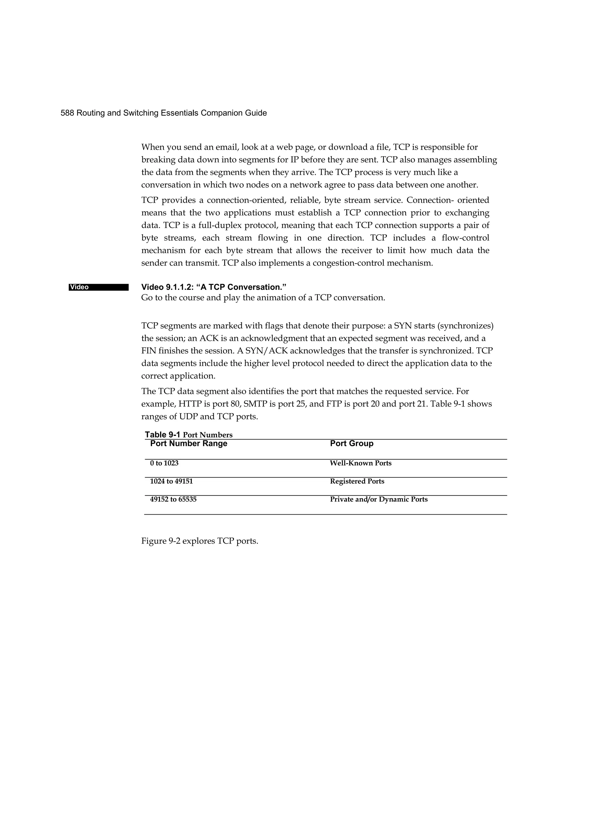 588 Routing and Switching Essentials Companion Guide
Video
When you send an email, look at a web page, or download a file, TCP is responsible for
breaking data down into segments for IP before they are sent. TCP also manages assembling
the data from the segments when they arrive. The TCP process is very much like a
conversation in which two nodes on a network agree to pass data between one another.
TCP provides a connection-oriented, reliable, byte stream service. Connection- oriented
means that the two applications must establish a TCP connection prior to exchanging
data. TCP is a full-duplex protocol, meaning that each TCP connection supports a pair of
byte streams, each stream flowing in one direction. TCP includes a flow-control
mechanism for each byte stream that allows the receiver to limit how much data the
sender can transmit. TCP also implements a congestion-control mechanism.
Video 9.1.1.2: “A TCP Conversation.”
Go to the course and play the animation of a TCP conversation.
TCP segments are marked with flags that denote their purpose: a SYN starts (synchronizes)
the session; an ACK is an acknowledgment that an expected segment was received, and a
FIN finishes the session. A SYN/ACK acknowledges that the transfer is synchronized. TCP
data segments include the higher level protocol needed to direct the application data to the
correct application.
The TCP data segment also identifies the port that matches the requested service. For
example, HTTP is port 80, SMTP is port 25, and FTP is port 20 and port 21. Table 9-1 shows
ranges of UDP and TCP ports.
Figure 9-2 explores TCP ports.
Table 9-1 Port Numbers
Port Number Range Port Group
0 to 1023 Well-Known Ports
1024 to 49151 Registered Ports
49152 to 65535 Private and/or Dynamic Ports
 
