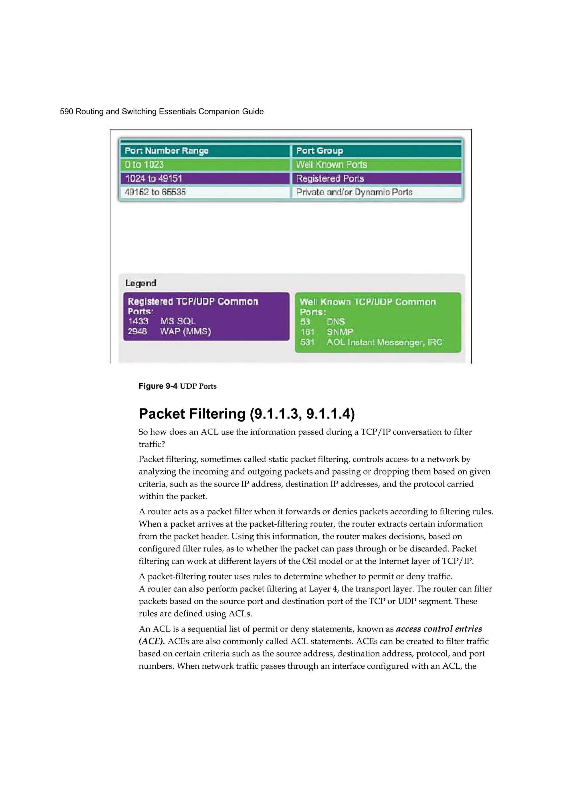 590 Routing and Switching Essentials Companion Guide
Figure 9-4 UDP Ports
Packet Filtering (9.1.1.3, 9.1.1.4)
So how does an ACL use the information passed during a TCP/IP conversation to filter
traffic?
Packet filtering, sometimes called static packet filtering, controls access to a network by
analyzing the incoming and outgoing packets and passing or dropping them based on given
criteria, such as the source IP address, destination IP addresses, and the protocol carried
within the packet.
A router acts as a packet filter when it forwards or denies packets according to filtering rules.
When a packet arrives at the packet-filtering router, the router extracts certain information
from the packet header. Using this information, the router makes decisions, based on
configured filter rules, as to whether the packet can pass through or be discarded. Packet
filtering can work at different layers of the OSI model or at the Internet layer of TCP/IP.
A packet-filtering router uses rules to determine whether to permit or deny traffic.
A router can also perform packet filtering at Layer 4, the transport layer. The router can filter
packets based on the source port and destination port of the TCP or UDP segment. These
rules are defined using ACLs.
An ACL is a sequential list of permit or deny statements, known as access control entries
(ACE). ACEs are also commonly called ACL statements. ACEs can be created to filter traffic
based on certain criteria such as the source address, destination address, protocol, and port
numbers. When network traffic passes through an interface configured with an ACL, the
 