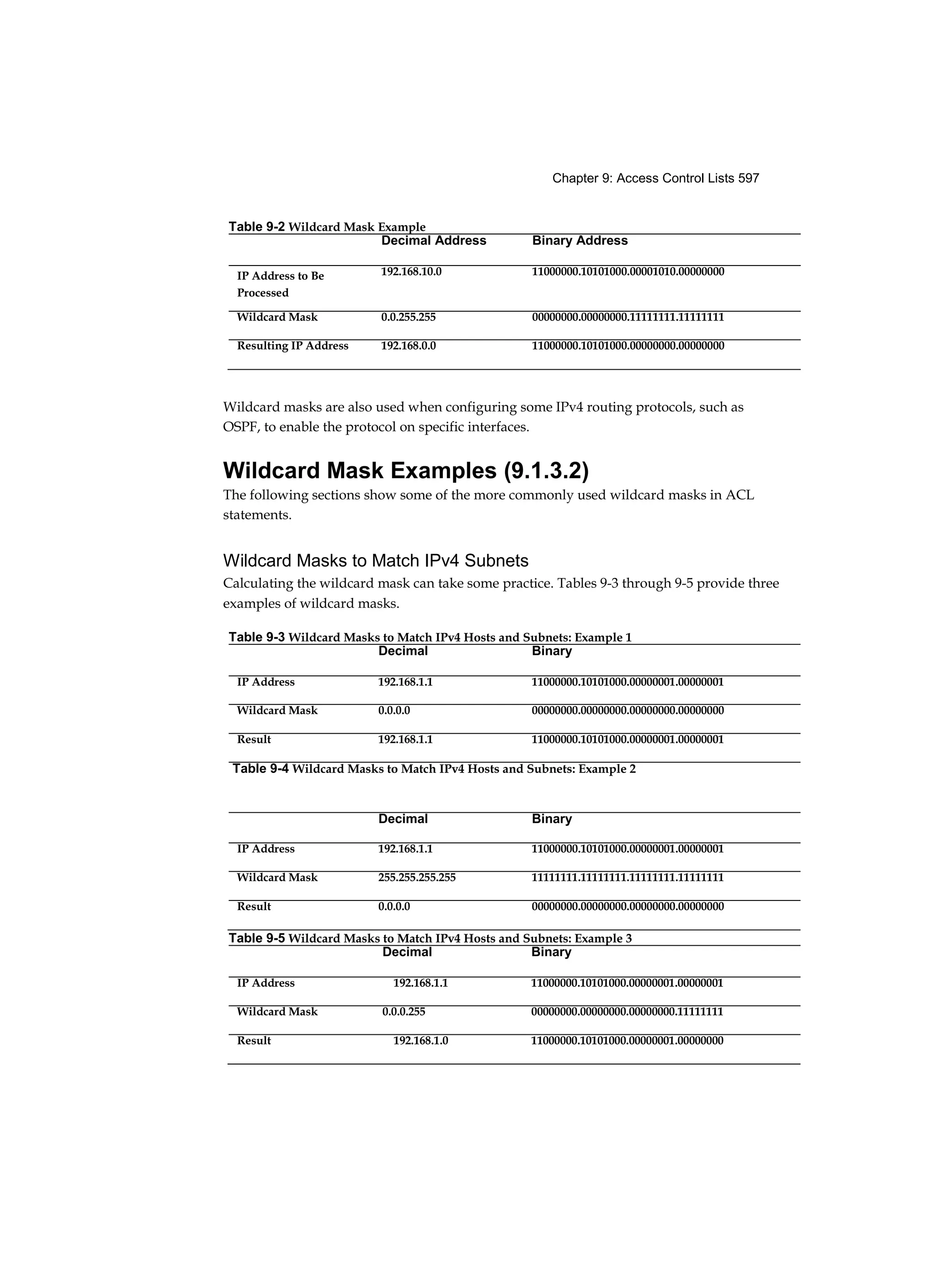 Chapter 9: Access Control Lists 597
Wildcard masks are also used when configuring some IPv4 routing protocols, such as
OSPF, to enable the protocol on specific interfaces.
Wildcard Mask Examples (9.1.3.2)
The following sections show some of the more commonly used wildcard masks in ACL
statements.
Wildcard Masks to Match IPv4 Subnets
Calculating the wildcard mask can take some practice. Tables 9-3 through 9-5 provide three
examples of wildcard masks.
Table 9-2 Wildcard Mask Example
Decimal Address Binary Address
IP Address to Be
Processed
192.168.10.0 11000000.10101000.00001010.00000000
Wildcard Mask 0.0.255.255 00000000.00000000.11111111.11111111
Resulting IP Address 192.168.0.0 11000000.10101000.00000000.00000000
Table 9-3 Wildcard Masks to Match IPv4 Hosts and Subnets: Example 1
Decimal Binary
IP Address 192.168.1.1 11000000.10101000.00000001.00000001
Wildcard Mask 0.0.0.0 00000000.00000000.00000000.00000000
Result 192.168.1.1 11000000.10101000.00000001.00000001
Table 9-4 Wildcard Masks to Match IPv4 Hosts and Subnets: Example 2
Decimal Binary
IP Address 192.168.1.1 11000000.10101000.00000001.00000001
Wildcard Mask 255.255.255.255 11111111.11111111.11111111.11111111
Result 0.0.0.0 00000000.00000000.00000000.00000000
Table 9-5 Wildcard Masks to Match IPv4 Hosts and Subnets: Example 3
Decimal Binary
IP Address 192.168.1.1 11000000.10101000.00000001.00000001
Wildcard Mask 0.0.0.255 00000000.00000000.00000000.11111111
Result 192.168.1.0 11000000.10101000.00000001.00000000
 