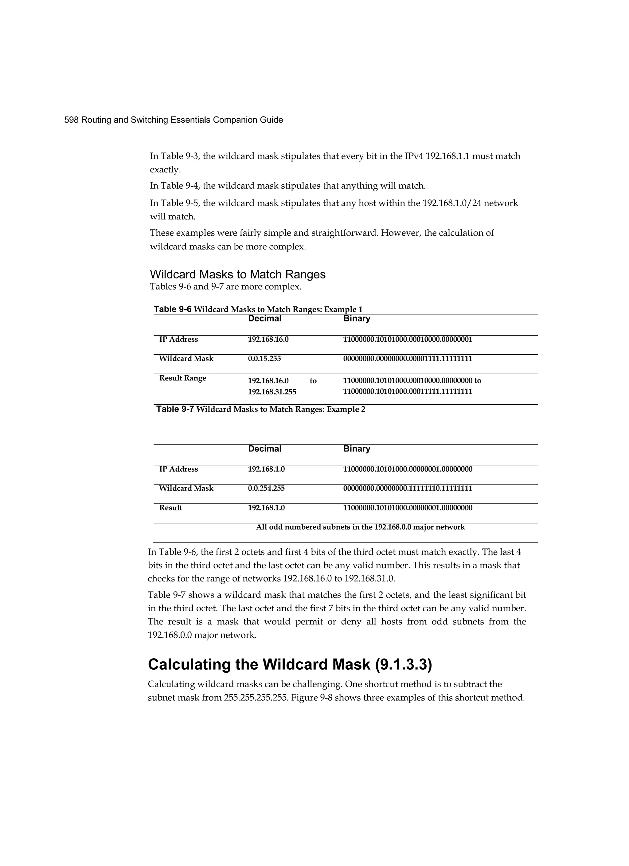 598 Routing and Switching Essentials Companion Guide
In Table 9-3, the wildcard mask stipulates that every bit in the IPv4 192.168.1.1 must match
exactly.
In Table 9-4, the wildcard mask stipulates that anything will match.
In Table 9-5, the wildcard mask stipulates that any host within the 192.168.1.0/24 network
will match.
These examples were fairly simple and straightforward. However, the calculation of
wildcard masks can be more complex.
Wildcard Masks to Match Ranges
Tables 9-6 and 9-7 are more complex.
In Table 9-6, the first 2 octets and first 4 bits of the third octet must match exactly. The last 4
bits in the third octet and the last octet can be any valid number. This results in a mask that
checks for the range of networks 192.168.16.0 to 192.168.31.0.
Table 9-7 shows a wildcard mask that matches the first 2 octets, and the least significant bit
in the third octet. The last octet and the first 7 bits in the third octet can be any valid number.
The result is a mask that would permit or deny all hosts from odd subnets from the
192.168.0.0 major network.
Calculating the Wildcard Mask (9.1.3.3)
Calculating wildcard masks can be challenging. One shortcut method is to subtract the
subnet mask from 255.255.255.255. Figure 9-8 shows three examples of this shortcut method.
Table 9-6 Wildcard Masks to Match Ranges: Example 1
Decimal Binary
IP Address 192.168.16.0 11000000.10101000.00010000.00000001
Wildcard Mask 0.0.15.255 00000000.00000000.00001111.11111111
Result Range 192.168.16.0 to
192.168.31.255
11000000.10101000.00010000.00000000 to
11000000.10101000.00011111.11111111
Table 9-7 Wildcard Masks to Match Ranges: Example 2
Decimal Binary
IP Address 192.168.1.0 11000000.10101000.00000001.00000000
Wildcard Mask 0.0.254.255 00000000.00000000.11111110.11111111
Result 192.168.1.0 11000000.10101000.00000001.00000000
All odd numbered subnets in the 192.168.0.0 major network
 