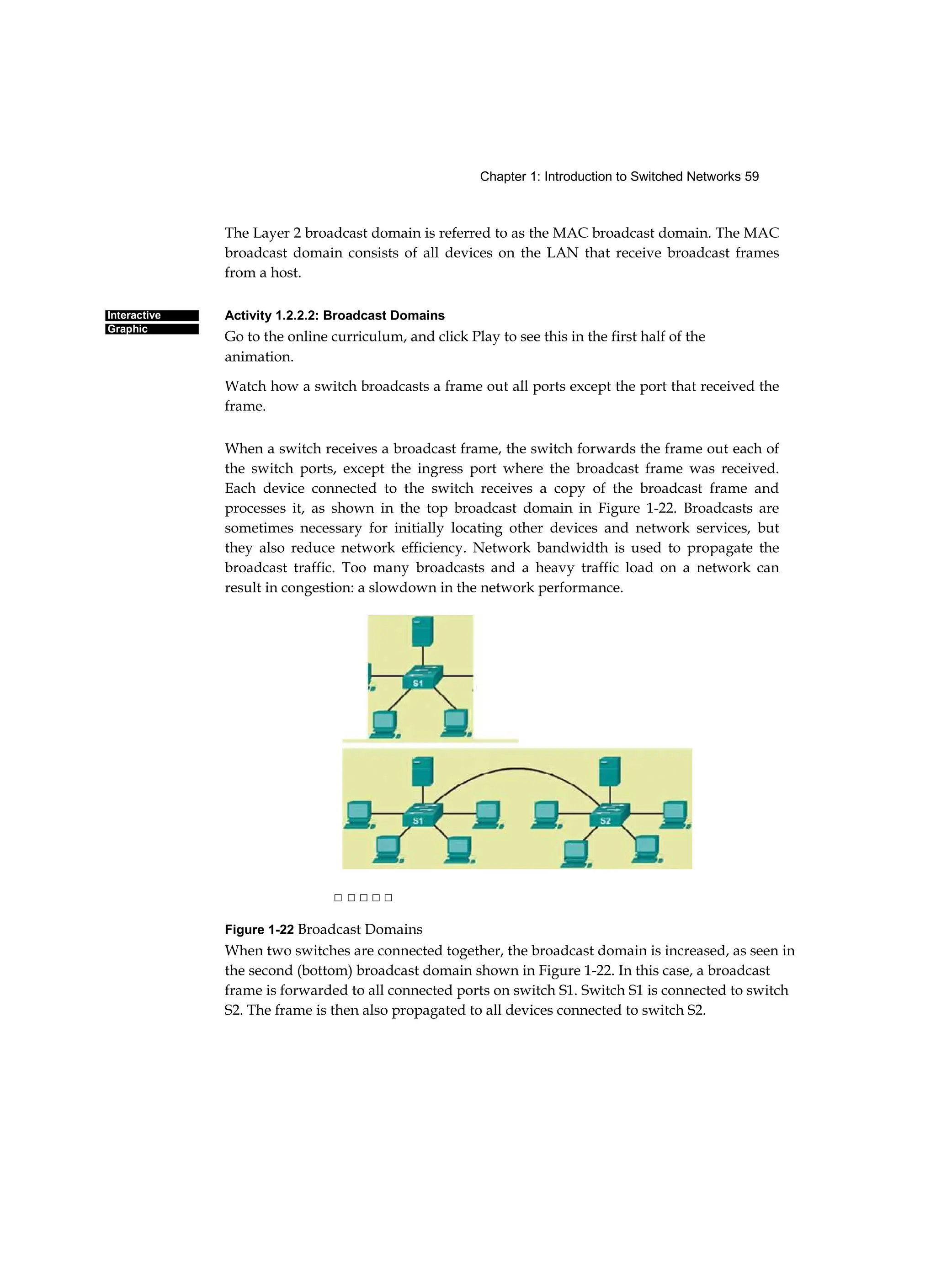 Chapter 1: Introduction to Switched Networks 59
Interactive
Graphic
The Layer 2 broadcast domain is referred to as the MAC broadcast domain. The MAC
broadcast domain consists of all devices on the LAN that receive broadcast frames
from a host.
Activity 1.2.2.2: Broadcast Domains
Go to the online curriculum, and click Play to see this in the first half of the
animation.
Watch how a switch broadcasts a frame out all ports except the port that received the
frame.
When a switch receives a broadcast frame, the switch forwards the frame out each of
the switch ports, except the ingress port where the broadcast frame was received.
Each device connected to the switch receives a copy of the broadcast frame and
processes it, as shown in the top broadcast domain in Figure 1-22. Broadcasts are
sometimes necessary for initially locating other devices and network services, but
they also reduce network efficiency. Network bandwidth is used to propagate the
broadcast traffic. Too many broadcasts and a heavy traffic load on a network can
result in congestion: a slowdown in the network performance.
□ □ □ □ □
Figure 1-22 Broadcast Domains
When two switches are connected together, the broadcast domain is increased, as seen in
the second (bottom) broadcast domain shown in Figure 1-22. In this case, a broadcast
frame is forwarded to all connected ports on switch S1. Switch S1 is connected to switch
S2. The frame is then also propagated to all devices connected to switch S2.
 