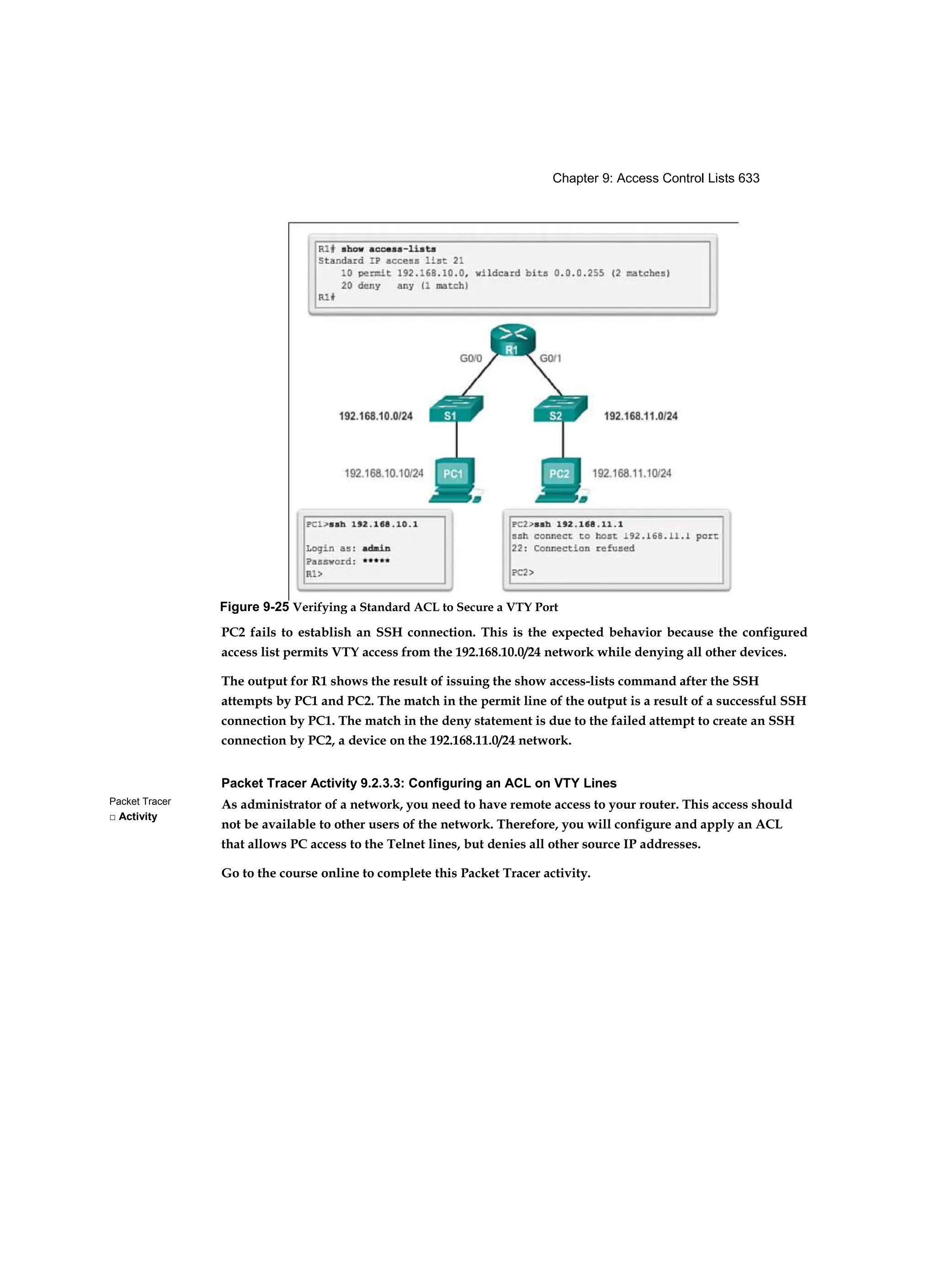 Chapter 9: Access Control Lists 633
Packet Tracer
□ Activity
PC2 fails to establish an SSH connection. This is the expected behavior because the configured
access list permits VTY access from the 192.168.10.0/24 network while denying all other devices.
The output for R1 shows the result of issuing the show access-lists command after the SSH
attempts by PC1 and PC2. The match in the permit line of the output is a result of a successful SSH
connection by PC1. The match in the deny statement is due to the failed attempt to create an SSH
connection by PC2, a device on the 192.168.11.0/24 network.
Packet Tracer Activity 9.2.3.3: Configuring an ACL on VTY Lines
As administrator of a network, you need to have remote access to your router. This access should
not be available to other users of the network. Therefore, you will configure and apply an ACL
that allows PC access to the Telnet lines, but denies all other source IP addresses.
Go to the course online to complete this Packet Tracer activity.
Figure 9-25 Verifying a Standard ACL to Secure a VTY Port
 