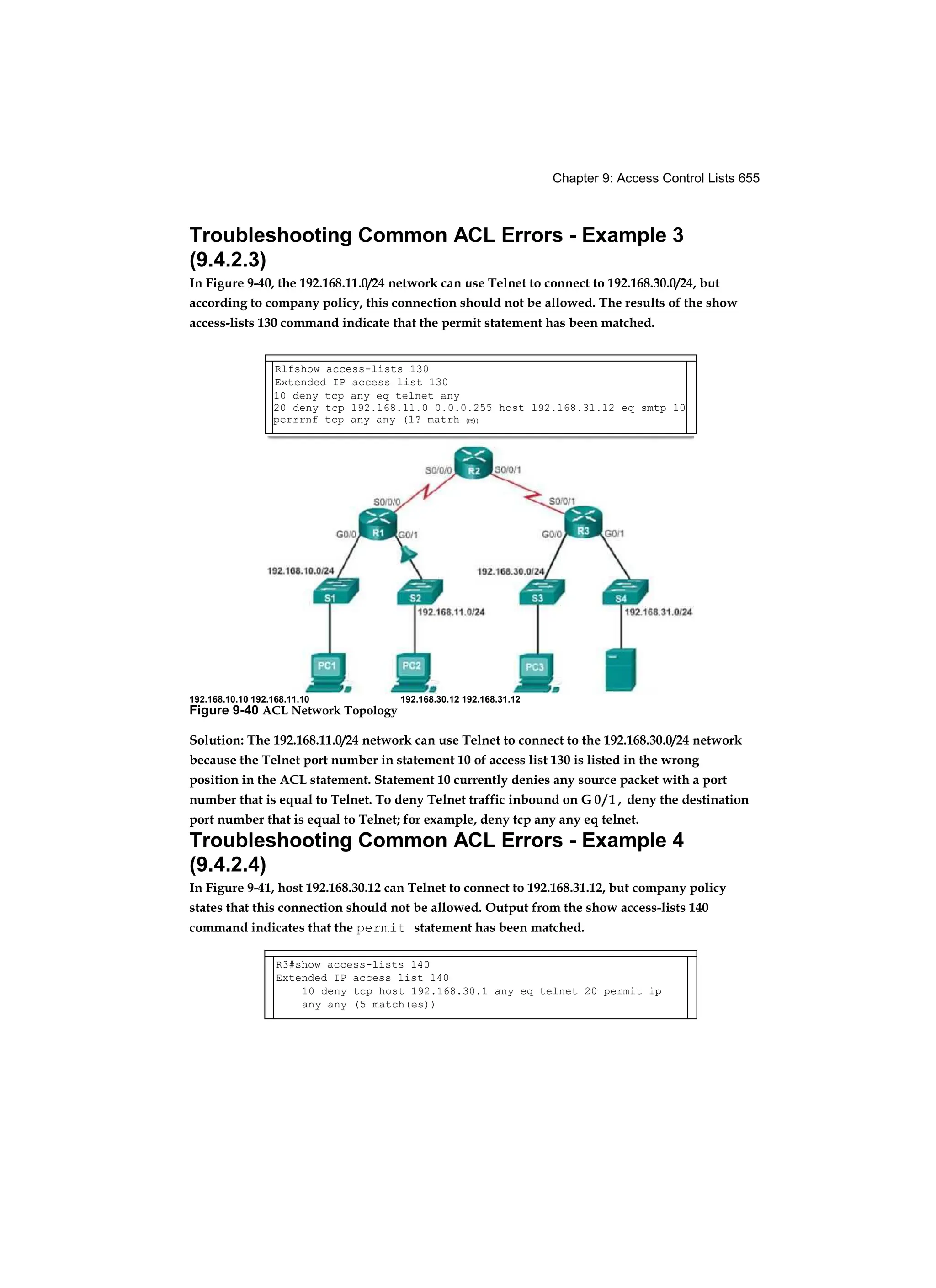 Chapter 9: Access Control Lists 655
Troubleshooting Common ACL Errors - Example 3
(9.4.2.3)
In Figure 9-40, the 192.168.11.0/24 network can use Telnet to connect to 192.168.30.0/24, but
according to company policy, this connection should not be allowed. The results of the show
access-lists 130 command indicate that the permit statement has been matched.
Solution: The 192.168.11.0/24 network can use Telnet to connect to the 192.168.30.0/24 network
because the Telnet port number in statement 10 of access list 130 is listed in the wrong
position in the ACL statement. Statement 10 currently denies any source packet with a port
number that is equal to Telnet. To deny Telnet traffic inbound on G 0 / 1 , deny the destination
port number that is equal to Telnet; for example, deny tcp any any eq telnet.
Troubleshooting Common ACL Errors - Example 4
(9.4.2.4)
In Figure 9-41, host 192.168.30.12 can Telnet to connect to 192.168.31.12, but company policy
states that this connection should not be allowed. Output from the show access-lists 140
command indicates that the permit statement has been matched.
Rlfshow access-lists 130
Extended IP access list 130
10 deny tcp any eq telnet any
20 deny tcp 192.168.11.0 0.0.0.255 host 192.168.31.12 eq smtp 10
perrrnf tcp any any (1? matrh (PS) )
192.168.10.10 192.168.11.10 192.168.30.12 192.168.31.12
Figure 9-40 ACL Network Topology
R3#show access-lists 140
Extended IP access list 140
10 deny tcp host 192.168.30.1 any eq telnet 20 permit ip
any any (5 match(es))
 