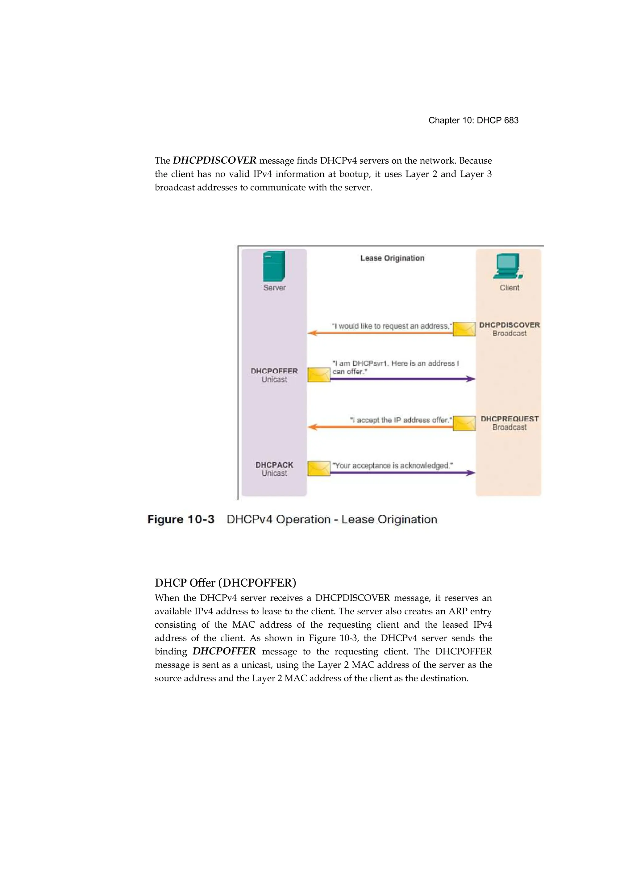 Chapter 10: DHCP 683
The DHCPDISCOVER message finds DHCPv4 servers on the network. Because
the client has no valid IPv4 information at bootup, it uses Layer 2 and Layer 3
broadcast addresses to communicate with the server.
DHCP Offer (DHCPOFFER)
When the DHCPv4 server receives a DHCPDISCOVER message, it reserves an
available IPv4 address to lease to the client. The server also creates an ARP entry
consisting of the MAC address of the requesting client and the leased IPv4
address of the client. As shown in Figure 10-3, the DHCPv4 server sends the
binding DHCPOFFER message to the requesting client. The DHCPOFFER
message is sent as a unicast, using the Layer 2 MAC address of the server as the
source address and the Layer 2 MAC address of the client as the destination.
 