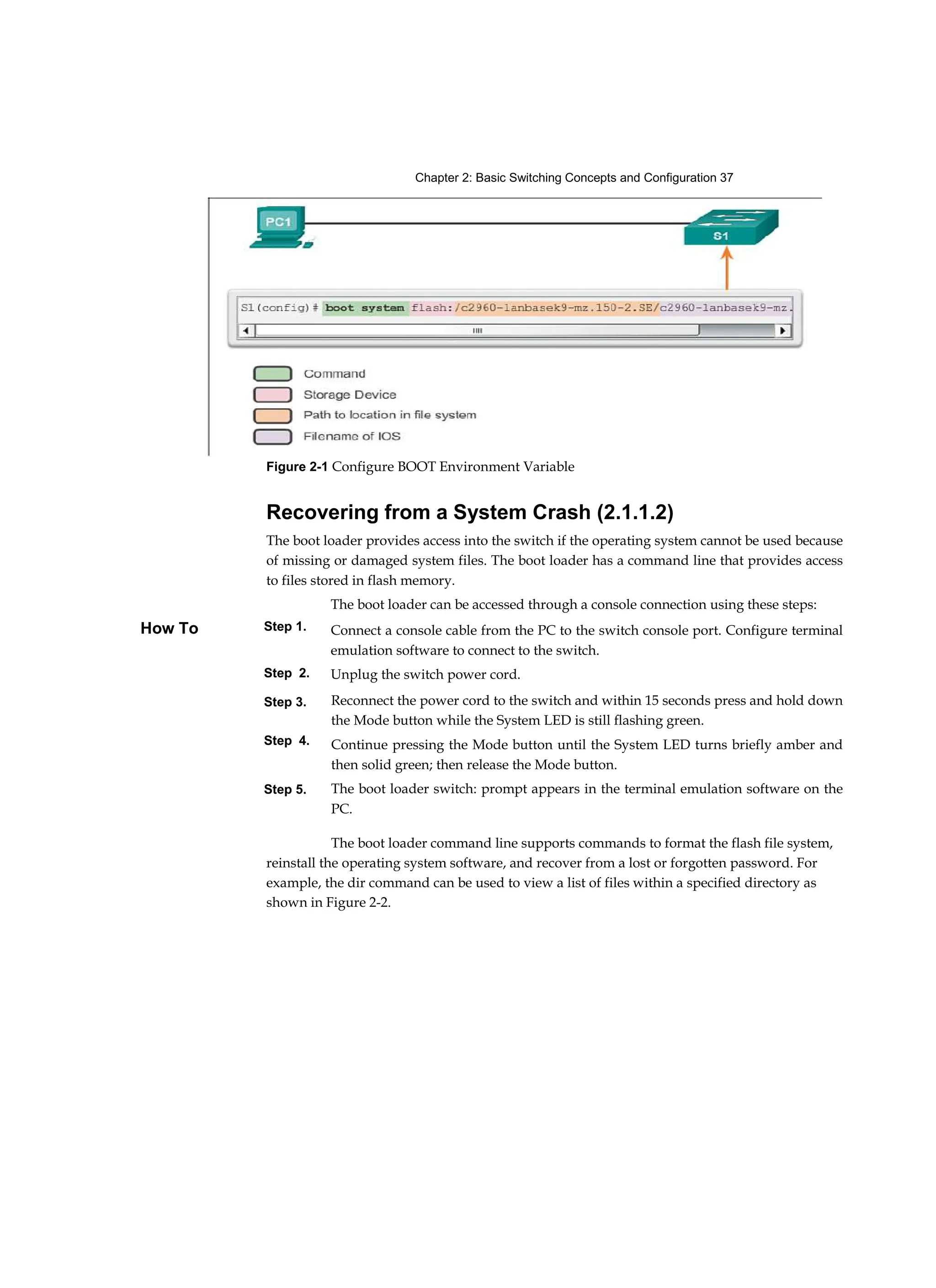 Chapter 2: Basic Switching Concepts and Configuration 37
Step 1.
Step 2.
Step 3.
How To
Step 4.
Step 5.
Figure 2-1 Configure BOOT Environment Variable
Recovering from a System Crash (2.1.1.2)
The boot loader provides access into the switch if the operating system cannot be used because
of missing or damaged system files. The boot loader has a command line that provides access
to files stored in flash memory.
The boot loader can be accessed through a console connection using these steps:
Connect a console cable from the PC to the switch console port. Configure terminal
emulation software to connect to the switch.
Unplug the switch power cord.
Reconnect the power cord to the switch and within 15 seconds press and hold down
the Mode button while the System LED is still flashing green.
Continue pressing the Mode button until the System LED turns briefly amber and
then solid green; then release the Mode button.
The boot loader switch: prompt appears in the terminal emulation software on the
PC.
The boot loader command line supports commands to format the flash file system,
reinstall the operating system software, and recover from a lost or forgotten password. For
example, the dir command can be used to view a list of files within a specified directory as
shown in Figure 2-2.
 
