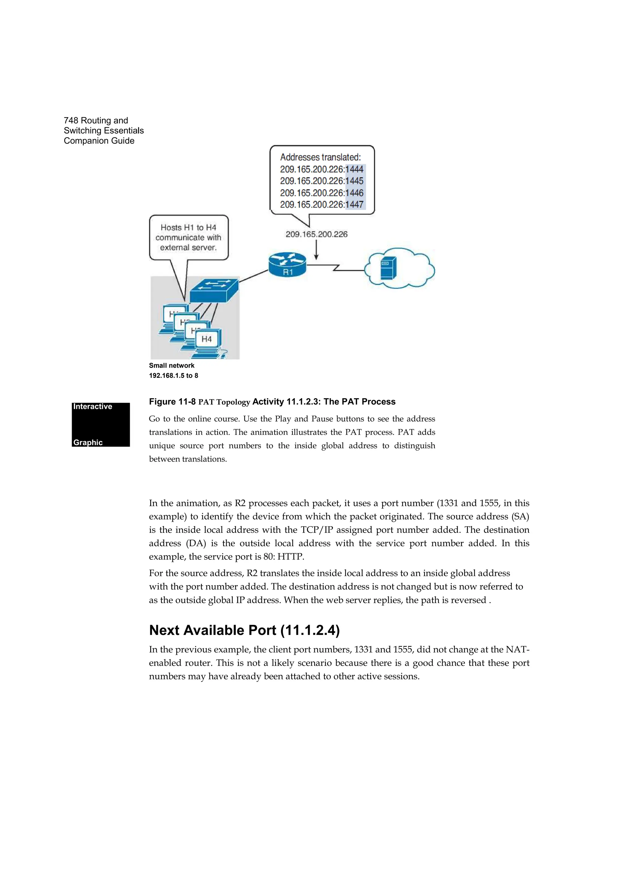748 Routing and
Switching Essentials
Companion Guide
Small network
192.168.1.5 to 8
Figure 11-8 PAT Topology Activity 11.1.2.3: The PAT Process
Go to the online course. Use the Play and Pause buttons to see the address
translations in action. The animation illustrates the PAT process. PAT adds
unique source port numbers to the inside global address to distinguish
between translations.
Interactive
Graphic
In the animation, as R2 processes each packet, it uses a port number (1331 and 1555, in this
example) to identify the device from which the packet originated. The source address (SA)
is the inside local address with the TCP/IP assigned port number added. The destination
address (DA) is the outside local address with the service port number added. In this
example, the service port is 80: HTTP.
For the source address, R2 translates the inside local address to an inside global address
with the port number added. The destination address is not changed but is now referred to
as the outside global IP address. When the web server replies, the path is reversed .
Next Available Port (11.1.2.4)
In the previous example, the client port numbers, 1331 and 1555, did not change at the NAT-
enabled router. This is not a likely scenario because there is a good chance that these port
numbers may have already been attached to other active sessions.
 