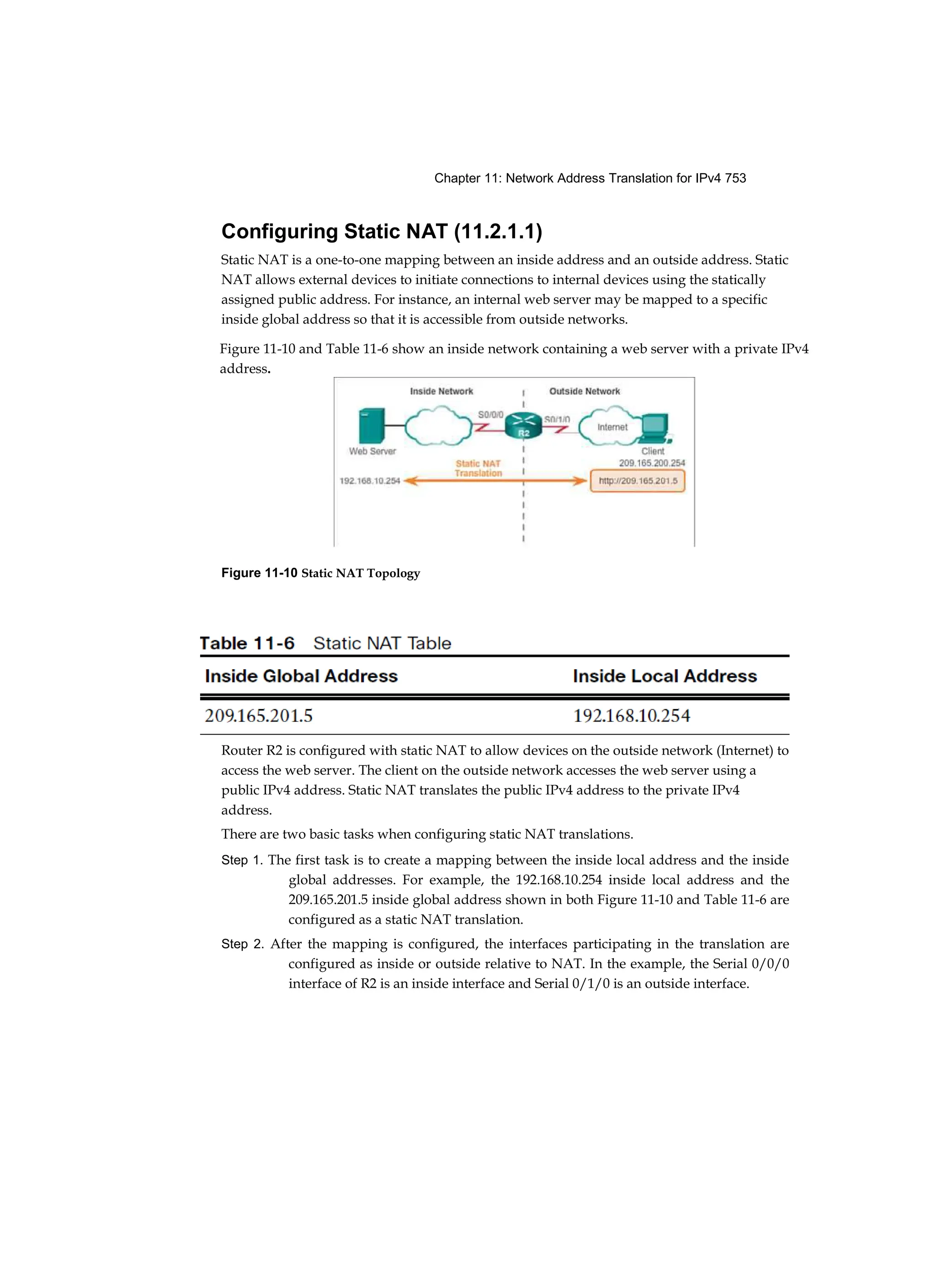 Chapter 11: Network Address Translation for IPv4 753
Configuring Static NAT (11.2.1.1)
Static NAT is a one-to-one mapping between an inside address and an outside address. Static
NAT allows external devices to initiate connections to internal devices using the statically
assigned public address. For instance, an internal web server may be mapped to a specific
inside global address so that it is accessible from outside networks.
Figure 11-10 Static NAT Topology
Router R2 is configured with static NAT to allow devices on the outside network (Internet) to
access the web server. The client on the outside network accesses the web server using a
public IPv4 address. Static NAT translates the public IPv4 address to the private IPv4
address.
There are two basic tasks when configuring static NAT translations.
Step 1. The first task is to create a mapping between the inside local address and the inside
global addresses. For example, the 192.168.10.254 inside local address and the
209.165.201.5 inside global address shown in both Figure 11-10 and Table 11-6 are
configured as a static NAT translation.
Step 2. After the mapping is configured, the interfaces participating in the translation are
configured as inside or outside relative to NAT. In the example, the Serial 0/0/0
interface of R2 is an inside interface and Serial 0/1/0 is an outside interface.
Figure 11-10 and Table 11-6 show an inside network containing a web server with a private IPv4
address.
 
