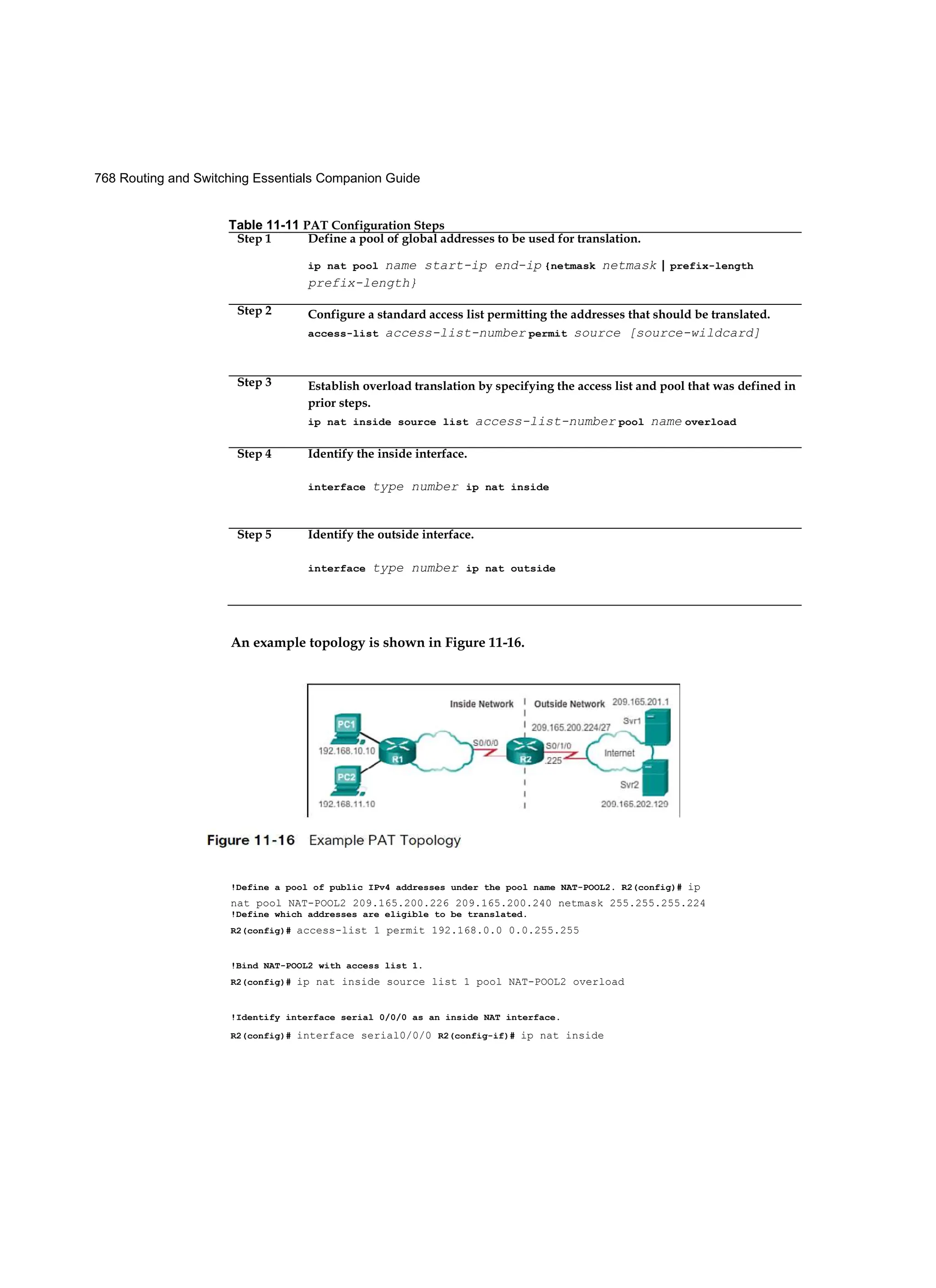 768 Routing and Switching Essentials Companion Guide
An example topology is shown in Figure 11-16.
!Define a pool of public IPv4 addresses under the pool name NAT-POOL2. R2(config)# ip
nat pool NAT-POOL2 209.165.200.226 209.165.200.240 netmask 255.255.255.224
!Define which addresses are eligible to be translated.
R2(config)# access-list 1 permit 192.168.0.0 0.0.255.255
!Bind NAT-POOL2 with access list 1.
R2(config)# ip nat inside source list 1 pool NAT-POOL2 overload
!Identify interface serial 0/0/0 as an inside NAT interface.
R2(config)# interface serial0/0/0 R2(config-if)# ip nat inside
Table 11-11 PAT Configuration Steps
Step 1 Define a pool of global addresses to be used for translation.
ip nat pool name start-ip end-ip {netmask netmask | prefix-length
prefix-length}
Step 2 Configure a standard access list permitting the addresses that should be translated.
access-list access-list-number permit source [source-wildcard]
Step 3 Establish overload translation by specifying the access list and pool that was defined in
prior steps.
ip nat inside source list access-list-number pool name overload
Step 4 Identify the inside interface.
interface type number ip nat inside
Step 5 Identify the outside interface.
interface type number ip nat outside
 