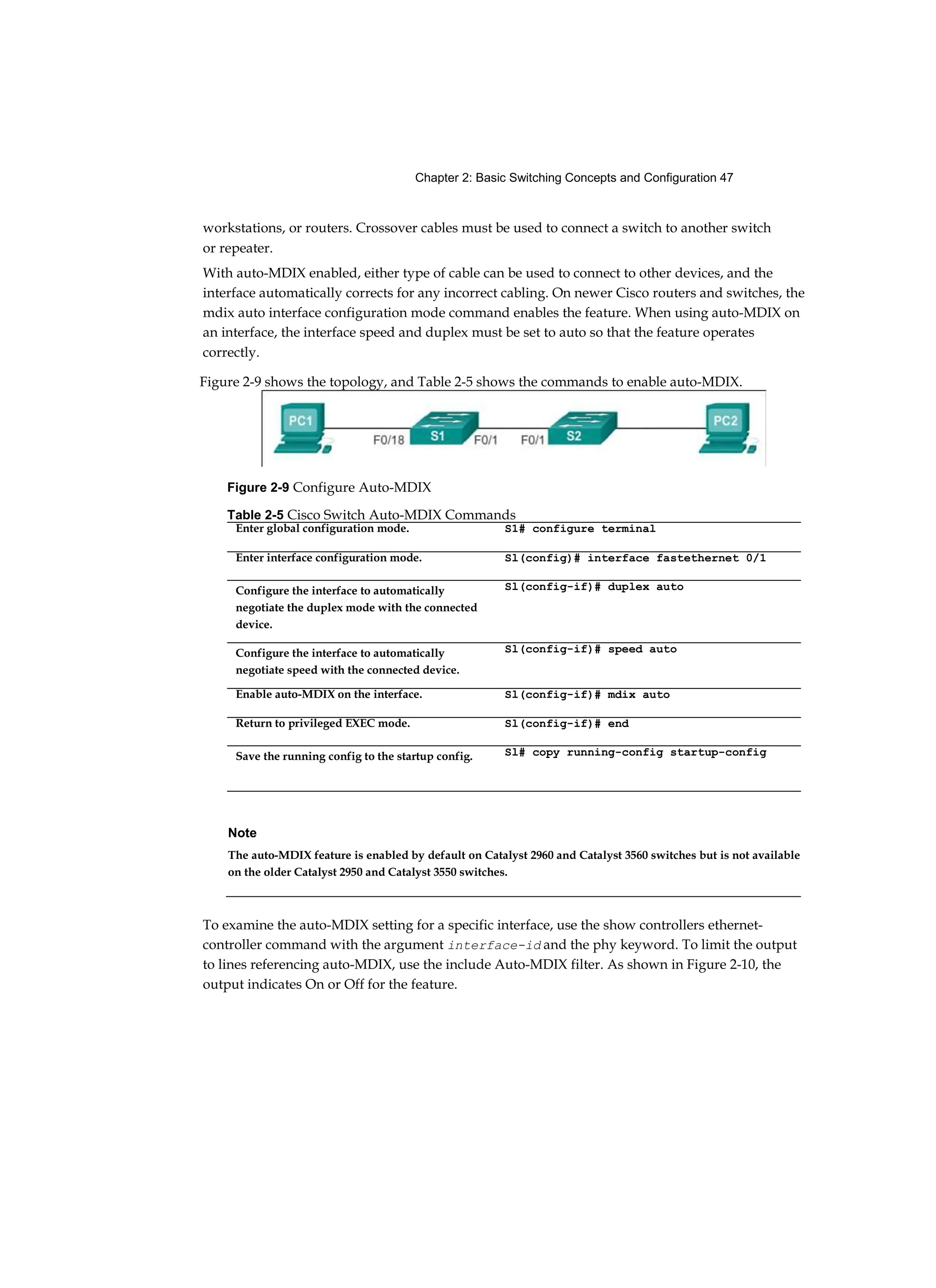 Chapter 2: Basic Switching Concepts and Configuration 47
workstations, or routers. Crossover cables must be used to connect a switch to another switch
or repeater.
With auto-MDIX enabled, either type of cable can be used to connect to other devices, and the
interface automatically corrects for any incorrect cabling. On newer Cisco routers and switches, the
mdix auto interface configuration mode command enables the feature. When using auto-MDIX on
an interface, the interface speed and duplex must be set to auto so that the feature operates
correctly.
To examine the auto-MDIX setting for a specific interface, use the show controllers ethernet-
controller command with the argument interface-id and the phy keyword. To limit the output
to lines referencing auto-MDIX, use the include Auto-MDIX filter. As shown in Figure 2-10, the
output indicates On or Off for the feature.
Figure 2-9 shows the topology, and Table 2-5 shows the commands to enable auto-MDIX.
Figure 2-9 Configure Auto-MDIX
Table 2-5 Cisco Switch Auto-MDIX Commands
Enter global configuration mode. S1# configure terminal
Enter interface configuration mode. Sl(config)# interface fastethernet 0/1
Configure the interface to automatically
negotiate the duplex mode with the connected
device.
Sl(config-if)# duplex auto
Configure the interface to automatically
negotiate speed with the connected device.
Sl(config-if)# speed auto
Enable auto-MDIX on the interface. Sl(config-if)# mdix auto
Return to privileged EXEC mode. Sl(config-if)# end
Save the running config to the startup config. Sl# copy running-config startup-config
Note
The auto-MDIX feature is enabled by default on Catalyst 2960 and Catalyst 3560 switches but is not available
on the older Catalyst 2950 and Catalyst 3550 switches.
 