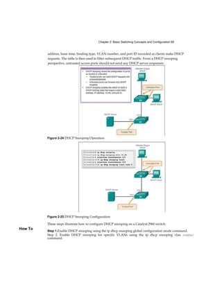 Chapter 2: Basic Switching Concepts and Configuration 69
How To
address, lease time, binding type, VLAN number, and port ID recorded as clients make DHCP
requests. The table is then used to filter subsequent DHCP traffic. From a DHCP snooping
perspective, untrusted access ports should not send any DHCP server responses.
These steps illustrate how to configure DHCP snooping on a Catalyst 2960 switch:
Step 1.Enable DHCP snooping using the ip dhcp snooping global configuration mode command.
Step 2. Enable DHCP snooping for specific VLANs using the ip dhcp snooping vlan number
command.
Figure 2-24 DHCP Snooping Operation
Figure 2-25 DHCP Snooping Configuration
 