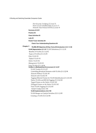 8 Routing and Switching Essentials Companion Guide
Chapter 3
Port Security: Verifying (2.2.4.6) 75
Ports in Error Disabled State (2.2.4.7) 77
Network Time Protocol (NTP) (2.2.4.8) 78
Summary (2.3) 81
Practice 83
Class Activities 83
Labs 83
Packet Tracer Activities 84
Check Your Understanding Questions 84
VLANs 89 Objectives 89 Key Terms 89 Introduction (3.0.1.1) 90
VLAN Segmentation (3.1) 91 VLAN Definitions (3.1.1.1) 91
Benefits of VLANs (3.1.1.2) 92
Types of VLANs (3.1.1.3) 93
Data VLAN 93
Default VLAN 93
Native VLAN 94
Management VLAN 95
Voice VLANs (3.1.1.4) 96
VLANs in a Multiswitched Environment (3.1.2) 97
VLAN Trunks (3.1.2.1) 97
Controlling Broadcast Domains with VLANs (3.1.2.2) 98
Network Without VLANs 98
Network with VLANs 99
Tagging Ethernet Frames for VLAN Identification (3.1.2.3) 101
Native VLANs and 802.1Q Tagging (3.1.2.4) 102
Tagged Frames on the Native VLAN 102
Untagged Frames on the Native VLAN 102
Voice VLAN Tagging (3.1.2.5) 103
Sample Configuration 104
VLAN Implementations (3.2) 105
VLAN Ranges on Catalyst Switches (3.2.1.1) 105
Creating a VLAN (3.2.1.2) 106
 