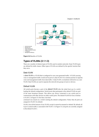 Chapter 3: VLANs 93
Figure 3-2 Benefits of VLANs
Types of VLANs (3.1.1.3)
There are a number of distinct types of VLANs used in modern networks. Some VLAN types
are defined by traffic classes. Other types of VLANs are defined by the specific function that
they serve.
Data VLAN
A data VLAN is a VLAN that is configured to carry user-generated traffic. A VLAN carrying
voice or management traffic would not be part of a data VLAN. It is common practice to separate
voice and management traffic from data traffic. A data VLAN, is sometimes referred to as a user
VLAN. Data VLANs are used to separate the network into groups of users or devices.
Default VLAN
All switch ports become a part of the default VLAN after the initial boot up of a switch
loading the default configuration. Switch ports that participate in the default VLAN are part
of the same broadcast domain. This allows any device connected to any switch port to
communicate with other devices on other switch ports. The default VLAN for Cisco switches
is VLAN 1. In Figure 3-3, the show vlan brief
command was issued on a switch running the default configuration. Notice that all ports are
assigned to VLAN 1 by default.
VLAN 1 has all the features of any VLAN, except it cannot be renamed or deleted. By default, all
Layer 2 control traffic is associated with VLAN 1. In Figure 3-3, all ports are currently assigned
to the default VLAN 1.
• improved security
• Reduced cost
• better Performance
• smaller broadcast Domains
• IT Efficiency
• Management Efficiency
 