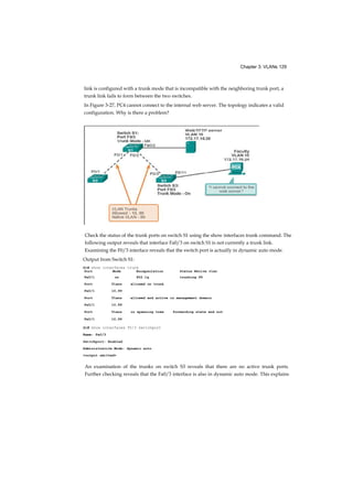 Chapter 3: VLANs 129
link is configured with a trunk mode that is incompatible with the neighboring trunk port, a
trunk link fails to form between the two switches.
In Figure 3-27, PC4 cannot connect to the internal web server. The topology indicates a valid
configuration. Why is there a problem?
Check the status of the trunk ports on switch S1 using the show interfaces trunk command. The
following output reveals that interface Fa0/3 on switch S1 is not currently a trunk link.
Examining the F0/3 interface reveals that the switch port is actually in dynamic auto mode.
An examination of the trunks on switch S3 reveals that there are no active trunk ports.
Further checking reveals that the Fa0/3 interface is also in dynamic auto mode. This explains
Output from Switch S1:
S1# show interfaces trunk
Port Mode Encapsulation Status Native vlan
Fa0/1 on 802.1q trunking 99
Port Vlans allowed on trunk
Fa0/1 10,99
Port Vlans allowed and active in management domain
Fa0/1 10,99
Port Vlans in spanning tree forwarding state and not
Fa0/1 10,99
S1# show interfaces f0/3 switchport
Name: Fa0/3
Switchport: Enabled
Administrative Mode: dynamic auto
<output omitted>
 