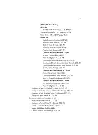 13
(6.0.1.1) 285 Static Routing
(6.1.1) 286
Reach Remote Networks (6.1.1.1) 286 Why
Use Static Routing? (6.1.1.2) 286 When to Use
Static Routes (6.1.1.3) 288 Types of Static
Routes 289
Static Route Applications (6.1.2.1) 289
Standard Static Route (6.1.2.2) 289
Default Static Route (6.1.2.3) 290
Summary Static Route (6.1.2.4) 290
Floating Static Route (6.1.2.5) 291
Configure IPv4 Static Routes (6.2.1) 292
ip route Command (6.2.1.1) 292
Next-Hop Options (6.2.1.2) 293
Configure a Next-Hop Static Route (6.2.1.3) 297
Configure a Directly Connected Static Route (6.2.1.4) 299
Configure a Fully Specified Static Route (6.2.1.5) 301
Verify a Static Route (6.2.1.6) 304
Configure IPv4 Default Routes (6.2.2) 306
Default Static Route (6.2.2.1) 306
Configure a Default Static Route (6.2.2.2) 307
Verify a Default Static Route (6.2.2.3) 308
Configure IPv6 Static Routes (6.2.3) 310
The ipv6 route Command (6.2.3.1) 310
Next-Hop Options (6.2.3.2) 311
Configure a Next-Hop Static IPv6 Route (6.2.3.3) 315
Configure a Directly Connected Static IPv6 Route (6.2.3.4) 317
Configure a Fully Specified Static IPv6 Route (6.2.3.5) 319
Verify IPv6 Static Routes (6.2.3.6) 320
Configure IPv6 Default Routes (6.2.4) 322
Default Static IPv6 Route (6.2.4.1) 322
Configure a Default Static IPv6 Route (6.2.4.2) 323
Verify a Default Static Route (6.2.4.3) 323
Review of CIDR and VLSM (6.3) 325
Classful Network Addressing (6.3.1.1) 326
 