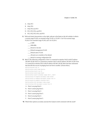 Chapter 3: VLANs 145
A. Only PC3
B. Only PC4
C. Only PC4 and PC5
D. PC1, PC2, PC4, and PC5
E. PC1, PC2, PC3, PC4, and PC5
8. With each listed characteristic on the right, indicate in the blank on the left whether it reflects
a normal range VLAN, an extended range VLAN, or VLAN 1. Use N for normal range
VLAN, E for extended range VLAN, and 1 for VLAN 1.
____1-1005
____1006-4094
____Stored in vlan.dat
____Default management VLAN
____Default native VLAN
____All ports are a member of by default
____Stored in running configuration file
9. Refer to the following configuration. Host 1 is connected to interface Fa0/4 with IP address
192.168.1.22/28. Host 2 is connected to interface Fa0/5 with IP address 192.168.1.33/28. Host
3 is connected to interface F0/6 with IP address 192.168.1.30/28. Select the three statements
that describe the success of pinging from one host to another. (Choose three.)
Switch(config)# vlan 10
Switch(config-vlan)# name Faculty
Switch(config-vlan)# vlan 20
Switch(config-vlan)# name Staff
Switch(config-vlan)# interface range fa0/4 , fa0/6
Switch(config-if-range)# switchport mode access
Switch(config-if-range)# switchport access vlan 10
Switch(config-if-range)# interface fa0/5
Switch(config-if)# switchport mode access
Switch(config-if)# switchport access vlan 20
A. Host 1 can ping Host 2.
B. Host 1 cannot ping Host 2.
C. Host 1 can ping Host 3.
D. Host 1 cannot ping Host 3.
E. Host 2 can ping Host 3.
F. Host 2 cannot ping Host 3.
10. Which three options accurately associate the Catalyst switch command with the result?
 
