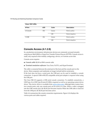 170 Routing and Switching Essentials Companion Guide
Console Access (4.1.2.6)
In a production environment, infrastructure devices are commonly accessed remotely
using Secure Shell (SSH) or HyperText Transfer Protocol Secure (HTTPS). Console access is
really only required when initially configuring a device, or if remote access fails.
Console access requires
■ Console cable: RJ-45-to-DB-9 console cable
■ Terminal emulation software: Tera Term, PuTTY, and HyperTerminal
The cable is connected between the serial port of the host and the console port on the
device. Most computers and notebooks no longer include built-in serial ports.
If the host does not have a serial port, the USB port can be used to establish a console
connection. A special USB-to-RS-232 compatible serial port adapter is required when using
the USB port.
The Cisco ISR G2 supports a USB serial console connection. To establish connectivity, a
USB Type-A to USB Type-B (mini-B USB) is required, as well as an operating system device
driver. This device driver is available from www.cisco.com. Although these routers have
two console ports, only one console port can be active at a time. When a cable is plugged
into the USB console port, the RJ-45 port becomes inactive When the USB cable is removed
from the USB port, the RJ-45 port becomes active.
Table 4-4 summarizes the console connection requirements. Figure 4-14 displays the
various ports and cables required .
Cisco 1941 LEDs
# Port LED Color Description
2 Console EN Green Port is active
Off Port is inactive
3 USB EN Green Port is active
Off Port is inactive
 