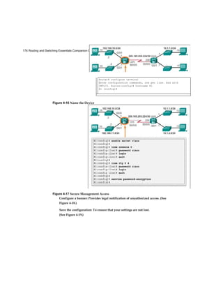 174 Routing and Switching Essentials Companion Guide
Figure 4-17 Secure Management Access
Configure a banner: Provides legal notification of unauthorized access. (See
Figure 4-18.)
Save the configuration: To ensure that your settings are not lost.
(See Figure 4-19.)
Router# configure terminal
Enter configuration commands, one per line. End with
CNTL/Z. Router(config)# hostname R1
R1 (config)#
Figure 4-16 Name the Device
 