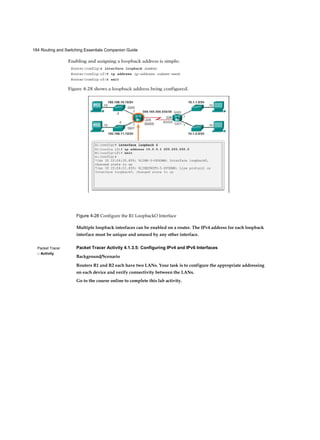 32 Routing and Switching Essentials Companion Guide
■ Chapter 3, “VLANs”: Examines the features and benefits provided by switch
VLANs and trunks. Specific concepts include native VLAN, DTP, security issues,
and best practices for implementation. Hands-on activities include configuration
and troubleshooting of VLANs and trunks.
■ Chapter 4, “Routing Concepts”: Introduces the lowest layer of the TCP/IP model:
the transport layer. This layer is essentially the equivalent of the OSI data link
layer and the physical layer. The chapter discusses how this layer prepares
network layer packets for transmission, controls access to the physical media, and
transports the data across various media. This chapter includes a description of the
encapsulation protocols and processes that occur as data travels across the LAN
and the WAN as well as the media used.
■ Chapter 5, “Inter-VLAN Routing”: Examines the methods used to route between
VLANs including using a Layer 3 switch. Explores the concept of a Layer 3 routed
port. Includes configuration of inter-VLAN routing using multiple interfaces,
router-on-a-stick, and a Layer 3 switch. Issues related to routing between VLANs
are also discussed.
■ Chapter 6, “Static Routing”: Introduces the function of the network layer—
routing—and the basic device that performs this function—the router. The
important routing concepts related to addressing, path determination, and data
packets for both IPv4 and IPv6 will be presented. The chapter also introduces the
construction of a router and the basic router configuration.
■ Chapter 7, “Routing Dynamically”: Introduces Transmission Control Protocol
(TCP) and User Datagram Protocol (UDP) and examines how each transports
information across the network. It explores how TCP uses segmentation, the
three-way handshake, and expectational acknowledgments to ensure reliable
delivery of data. It also examines the best-effort delivery mechanism provided
by UDP and describes when this would be preferred over TCP.
■ Chapter 8, “Single-Area OSPF”: Focuses on IPv4 and IPv6 network addressing,
including the types of addresses and address assignment. It describes how to use
the address mask or prefix length to determine the number of subnetworks and
hosts in a network. This chapter also introduces Internet Control Message Protocol
(ICMP) tools, such as ping and trace.
■ Chapter 9, “Access Control Lists”: Examines how to improve network perfor-
mance by optimally dividing the IP address space based on network requirements.
It explores the calculation of valid host addresses and the determination of both
subnet and subnet broadcast addresses. This chapter examines subnetting for both
IPv4 and IPv6.
■ Chapter 10, “DHCP”: Introduces DHCPv4 and DHCPv6 including explanation,
 