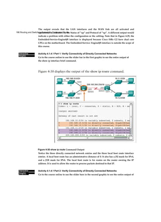 186 Routing and Switching Essentials Companion Guide
Interactive
Graphic
Interactive
Graphic
Interactive
Graphic
The output reveals that the LAN interfaces and the WAN link are all activated and
operational as indicated by the Status of “up” and Protocol of “up”. A different output would
indicate a problem with either the configuration or the cabling. Note that in Figure 4-29, the
Embedded-Service-Engine0/0 interface is displayed because Cisco ISRs G2 have dual core
CPUs on the motherboard. The Embedded-Service- Engine0/0 interface is outside the scope of
this course.
Activity 4.1.4.1 Part 1: Verify Connectivity of Directly Connected Networks
Go to the course online to use the slider bar in the first graphic to see the entire output of
the show ip interface brief command.
Figure 4-30 show ip route Command Output
Notice the three directly connected network entries and the three local host route interface
entries. A local host route has an administrative distance of 0. It also has a /32 mask for IPv4,
and a /128 mask for IPv6. The local host route is for routes on the router owning the IP
address. It is used to allow the router to process packets destined to that IP.
Activity 4.1.4.1 Part 2: Verify Connectivity of Directly Connected Networks
Go to the course online to use the slider bars in the second graphic to see the entire output of
 