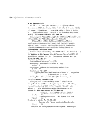 20 Routing and Switching Essentials Companion Guide
IP ACL Operation (9.1) 551
What Is an ACL? (9.1.1.1) 551 A TCP Conversation (9.1.1.2) 552 TCP
Communication 552 Packet Filtering (9.1.1.3, 9.1.1.4) 555 ACL Operation (9.1.1.5)
557 Standard Versus Extended IPv4 ACLS (9.1.2) 558 Types of Cisco IPv4 ACLs
(9.1.2.1) 558 Standard ACLs 558 Extended ACLs 559 Numbering and Naming
ACLs (9.1.2.2) 559 Wildcard Masks in ACLs (9.1.3) 560
Introducing ACL Wildcard Masking (9.1.3.1) 560 Wildcard Masking 560 Using
a Wildcard Mask 562 Wildcard Mask Examples (9.1.3.2) 562
Wildcard Masks to Match IPv4 Subnets 562 Wildcard Masks to
Match Ranges 563 Calculating the Wildcard Mask (9.1.3.3) 564 Wildcard
Mask Keywords (9.1.3.4) 565 Wildcard Bit Mask Keywords 566 Examples
Wildcard Mask Keywords (9.1.3.5) 567 The any and host Keywords 567
Guidelines for ACL Creation (9.1.4) 568
General Guidelines for Creating ACLs (9.1.4.1) 568 ACL Best Practices (9.1.4.2)
569 Guidelines for ACL Placement (9.1.5) 570 Where to Place ACLs (9.1.5.1) 570
Standard ACL Placement (9.1.5.2) 571 Extended ACL Placement (9.1.5.3) 573
Standard IPv4 ACLs (9.2) 574
Entering Criteria Statements (9.2.1.1) 574
Configuring a Standard ACL - Standard ACL Logic
(9.2.1.2) 575
Configuring a Standard ACL - Configuring Standard ACLs
(9.2.1.3) 576
Internal Logic (9.2.1.4) 578
Applying Standard ACLs to Interfaces - Standard ACL Configuration
Procedures (9.2.1.5, 9.2.1.6) 579
Creating Named Standard ACLs (9.2.1.7) 582 Commenting ACLs
(9.2.1.8) 584 Modify IPv4 ACLs (9.2.2) 586
Editing Standard Numbered ACLs (9.2.2.1, 9.2.2.2) 586 Method 1:
Using a Text Editor 586 Method 2: Using the Sequence Number 587 Editing
Standard Named ACLs (9.2.2.3) 589 Verifying ACLs (9.2.2.4) 590 ACL
Statistics (9.2.2.5) 591 Standard ACL Sequence Numbers (9.2.2.6) 592
Securing VTY Ports with a Standard IPv4 ACL (9.2.3) 595
Configuring a Standard ACL to Secure a VTY Port
(9.2.3.1) 595
Verifying a Standard ACL Used to Secure a VTY Port
(9.2.3.2) 596
Structure of an Extended IPv4 ACL (9.3.1) 598
Extended ACLs - Testing Packets with Extended ACLs
(9.3.1.1) 598
Extended ACLs - Testing for Ports and Services (9.3.1.2) 599 Configure
 