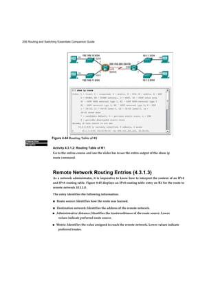 206 Routing and Switching Essentials Companion Guide
Interactive
Graphic
Activity 4.3.1.2: Routing Table of R1
Go to the online course and use the slider bar to see the entire output of the show ip
route command.
Remote Network Routing Entries (4.3.1.3)
As a network administrator, it is imperative to know how to interpret the content of an IPv4
and IPv6 routing table. Figure 4-45 displays an IPv4 routing table entry on R1 for the route to
remote network 10.1.1.0.
The entry identifies the following information:
■ Route source: Identifies how the route was learned.
■ Destination network: Identifies the address of the remote network.
■ Administrative distance: Identifies the trustworthiness of the route source. Lower
values indicate preferred route source.
■ Metric: Identifies the value assigned to reach the remote network. Lower values indicate
preferred routes.
Figure 4-44 Routing Table of R1
 