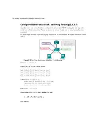 250 Routing and Switching Essentials Companion Guide
Configure Router-on-a-Stick: Verifying Routing (5.1.3.5)
After the router and switch have been configured to perform inter-VLAN routing, the next step is to
verify host-to-host connectivity. Access to devices on remote VLANs can be tested using the ping
command.
For the example shown in Figure 5-13, a ping and a tracert are initiated from PC1 to the destination address
of PC3.
PC1> ping 17 2.17.3 0.23
Pinging 172.17.30.23 with 32 bytes of data:
Reply from 172.17.30.23:bytes=32 time=17ms TTL=127
Reply from 172.17.30.23:bytes=32 time=15ms TTL=127
Reply from 172.17.30.23:bytes=32 time=18ms TTL=127
Reply from 172.17.30.23:bytes=32 time=19ms TTL=127
Ping statistics for 172.17.30.23:
Packets: Sent = 4, Received = 4, lost = 0 (0% loss),
Approximate round trip times in milli-seconds:
Minimum = 15ms, Maximum = 19ms, Average = 17ms
PC1> tracert 172.17.30.23
Tracing route to 172.17.30.23 over a maximum of 30 hops:
1 9 ms 7 ms 9 ms 172.17.10.1
2 16 ms 15 ms 16 ms 172.17.30.23
Trace complete.
172.17.10.21 172.17.30.23
Figure 5-13 Verifying Router-on-a-Stick Inter-VLAN Routing
 