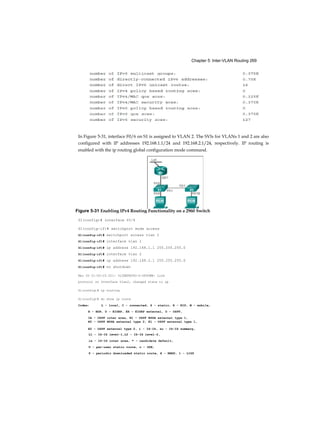 Chapter 5: Inter-VLAN Routing 269
In Figure 5-31, interface F0/6 on S1 is assigned to VLAN 2. The SVIs for VLANs 1 and 2 are also
configured with IP addresses 192.168.1.1/24 and 192.168.2.1/24, respectively. IP routing is
enabled with the ip routing global configuration mode command.
S1(config)# interface f0/6
S1(config-if)# switchport mode access
S1(config-if)# switchport access vlan 2
S1(config-if)# interface vlan 1
Sl(config-if)# ip address 192.168.1.1 255.255.255.0
S1(config-if)# interface vlan 2
Sl(config-if)# ip address 192.168.2.1 255.255.255.0
Sl(config-if)# no shutdown
Mar 20 01:00:25.021: %LINEPROTO-5-UPDOWN: Line
protocol on Interface Vlan2, changed state to up
Sl(config)# ip routing
Sl(config)# do show ip route
Codes: L - local, C - connected, S - static, R - RIP, M - mobile,
B - BGP, D - EIGRP, EX - EIGRP external, O - OSPF,
IA - OSPF inter area, N1 - OSPF NSSA external type 1,
N2 - OSPF NSSA external type 2, E1 - OSPF external type 1,
E2 - OSPF external type 2, i - IS-IS, su - IS-IS summary,
L1 - IS-IS level-1,L2 - IS-IS level-2,
ia - IS-IS inter area, * - candidate default,
U - per-user static route, o - ODR,
P - periodic downloaded static route, H - NHRP, 1 - LISP
Figure 5-31 Enabling IPv4 Routing Functionality on a 2960 Switch
 