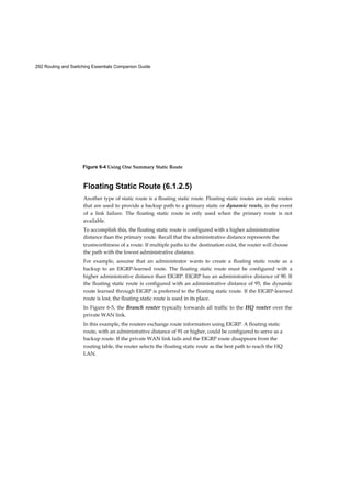 292 Routing and Switching Essentials Companion Guide
Floating Static Route (6.1.2.5)
Another type of static route is a floating static route. Floating static routes are static routes
that are used to provide a backup path to a primary static or dynamic route, in the event
of a link failure. The floating static route is only used when the primary route is not
available.
To accomplish this, the floating static route is configured with a higher administrative
distance than the primary route. Recall that the administrative distance represents the
trustworthiness of a route. If multiple paths to the destination exist, the router will choose
the path with the lowest administrative distance.
For example, assume that an administrator wants to create a floating static route as a
backup to an EIGRP-learned route. The floating static route must be configured with a
higher administrative distance than EIGRP. EIGRP has an administrative distance of 90. If
the floating static route is configured with an administrative distance of 95, the dynamic
route learned through EIGRP is preferred to the floating static route. If the EIGRP-learned
route is lost, the floating static route is used in its place.
In Figure 6-5, the Branch router typically forwards all traffic to the HQ router over the
private WAN link.
In this example, the routers exchange route information using EIGRP. A floating static
route, with an administrative distance of 91 or higher, could be configured to serve as a
backup route. If the private WAN link fails and the EIGRP route disappears from the
routing table, the router selects the floating static route as the best path to reach the HQ
LAN.
Figure 6-4 Using One Summary Static Route
 