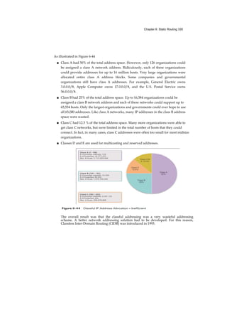 Chapter 6: Static Routing 335
As illustrated in Figure 6-44
■ Class A had 50% of the total address space. However, only 126 organizations could
be assigned a class A network address. Ridiculously, each of these organizations
could provide addresses for up to 16 million hosts. Very large organizations were
allocated entire class A address blocks. Some companies and governmental
organizations still have class A addresses. For example, General Electric owns
3.0.0.0/8, Apple Computer owns 17.0.0.0/8, and the U.S. Postal Service owns
56.0.0.0/8.
■ Class B had 25% of the total address space. Up to 16,384 organizations could be
assigned a class B network address and each of these networks could support up to
65,534 hosts. Only the largest organizations and governments could ever hope to use
all 65,000 addresses. Like class A networks, many IP addresses in the class B address
space were wasted.
■ Class C had 12.5 % of the total address space. Many more organizations were able to
get class C networks, but were limited in the total number of hosts that they could
connect. In fact, in many cases, class C addresses were often too small for most midsize
organizations.
■ Classes D and E are used for multicasting and reserved addresses.
The overall result was that the classful addressing was a very wasteful addressing
scheme. A better network addressing solution had to be developed. For this reason,
Classless Inter-Domain Routing (CIDR) was introduced in 1993.
 