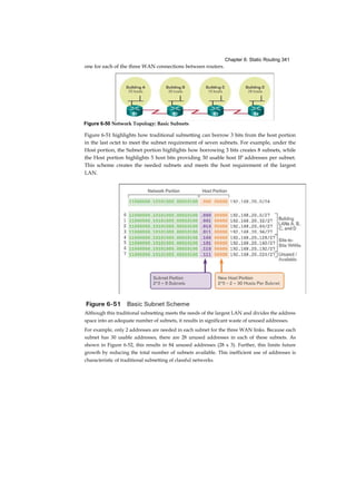 Chapter 6: Static Routing 341
one for each of the three WAN connections between routers.
Figure 6-51 highlights how traditional subnetting can borrow 3 bits from the host portion
in the last octet to meet the subnet requirement of seven subnets. For example, under the
Host portion, the Subnet portion highlights how borrowing 3 bits creates 8 subnets, while
the Host portion highlights 5 host bits providing 30 usable host IP addresses per subnet.
This scheme creates the needed subnets and meets the host requirement of the largest
LAN.
Although this traditional subnetting meets the needs of the largest LAN and divides the address
space into an adequate number of subnets, it results in significant waste of unused addresses.
For example, only 2 addresses are needed in each subnet for the three WAN links. Because each
subnet has 30 usable addresses, there are 28 unused addresses in each of these subnets. As
shown in Figure 6-52, this results in 84 unused addresses (28 x 3). Further, this limits future
growth by reducing the total number of subnets available. This inefficient use of addresses is
characteristic of traditional subnetting of classful networks.
Figure 6-50 Network Topology: Basic Subnets
 