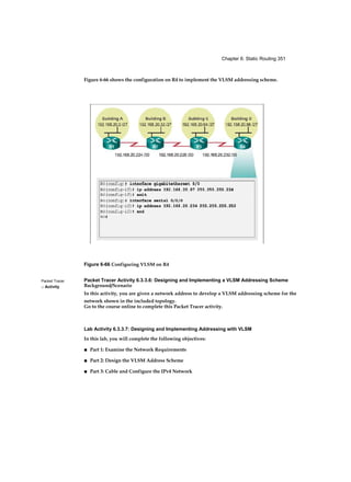 Chapter 6: Static Routing 351
Packet Tracer
□ Activity
Figure 6-66 shows the configuration on R4 to implement the VLSM addressing scheme.
Figure 6-66 Configuring VLSM on R4
Packet Tracer Activity 6.3.3.6: Designing and Implementing a VLSM Addressing Scheme
Background/Scenario
In this activity, you are given a network address to develop a VLSM addressing scheme for the
network shown in the included topology.
Go to the course online to complete this Packet Tracer activity.
Lab Activity 6.3.3.7: Designing and Implementing Addressing with VLSM
In this lab, you will complete the following objectives:
■ Part 1: Examine the Network Requirements
■ Part 2: Design the VLSM Address Scheme
■ Part 3: Cable and Configure the IPv4 Network
 