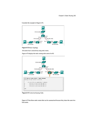 Chapter 6: Static Routing 355
Figure 6-72 Basic Topology
All routers have connectivity using static routes.
Figure 6-73 displays the static routing table entries for R3.
Figure 6-73 Verify the Routing Table
Consider the example in Figure 6-72.
Figure 6-73 has three static routes that can be summarized because they share the same two
first octets.
 